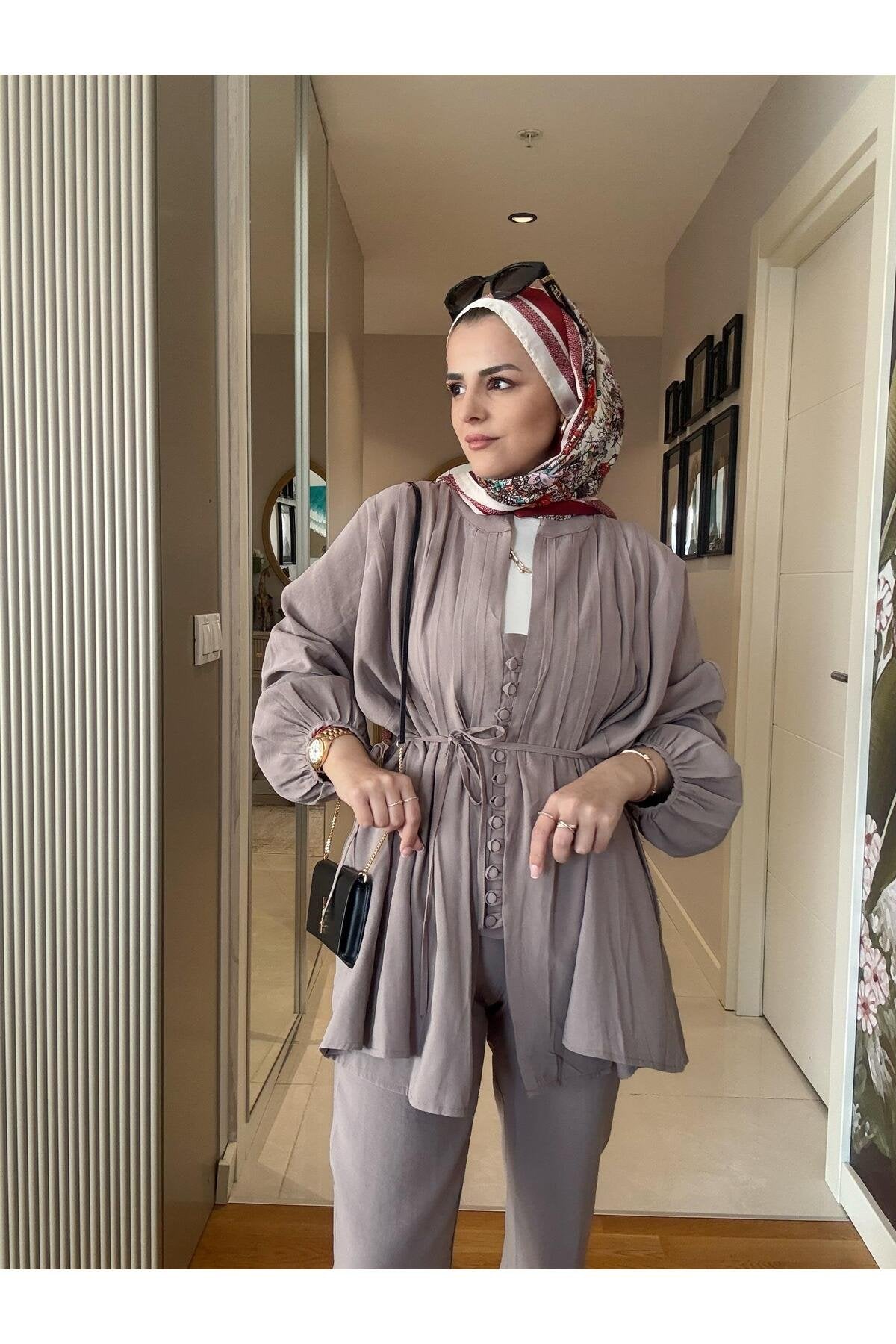 Roza Düğmeli İthal Dokuma Kumaş Gömlekli İkili Takım Bordo