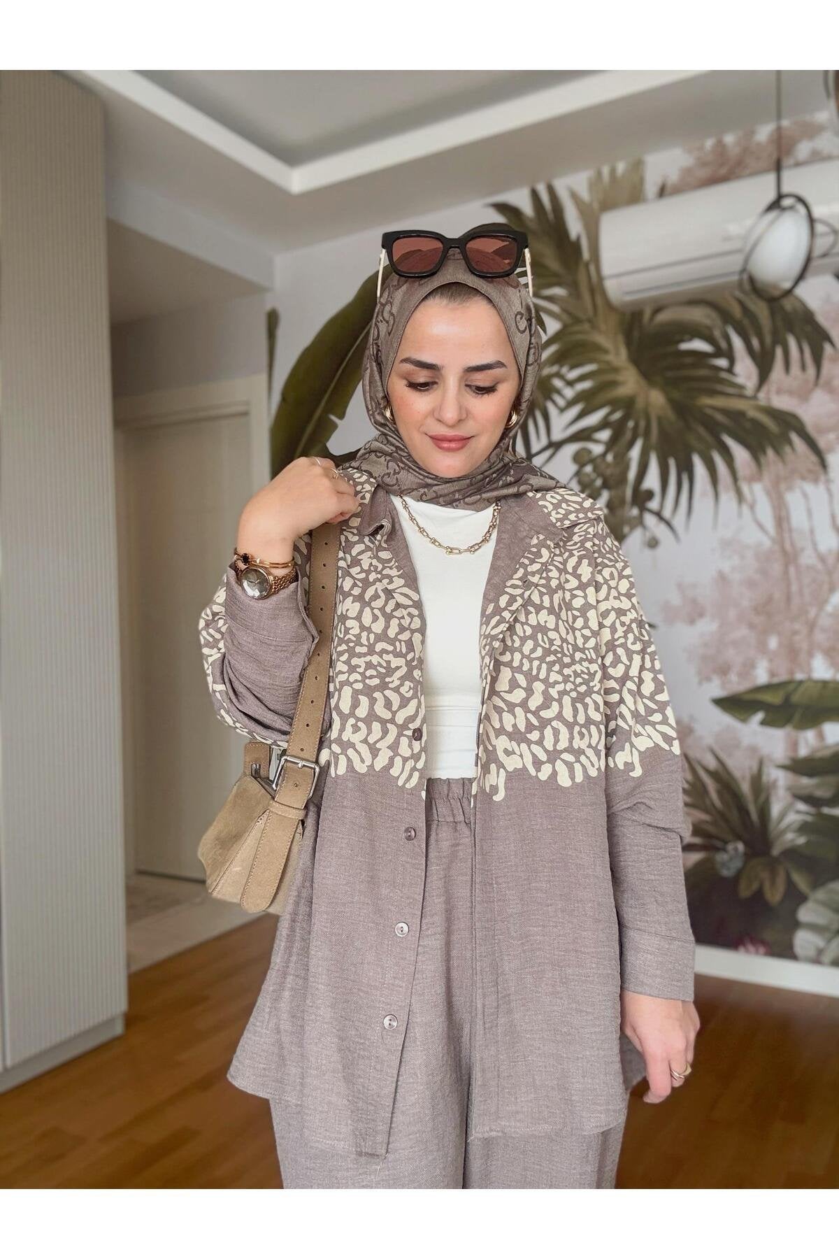 Gömlek Leopar Baskı Pamuklu İkili Takım Siyah