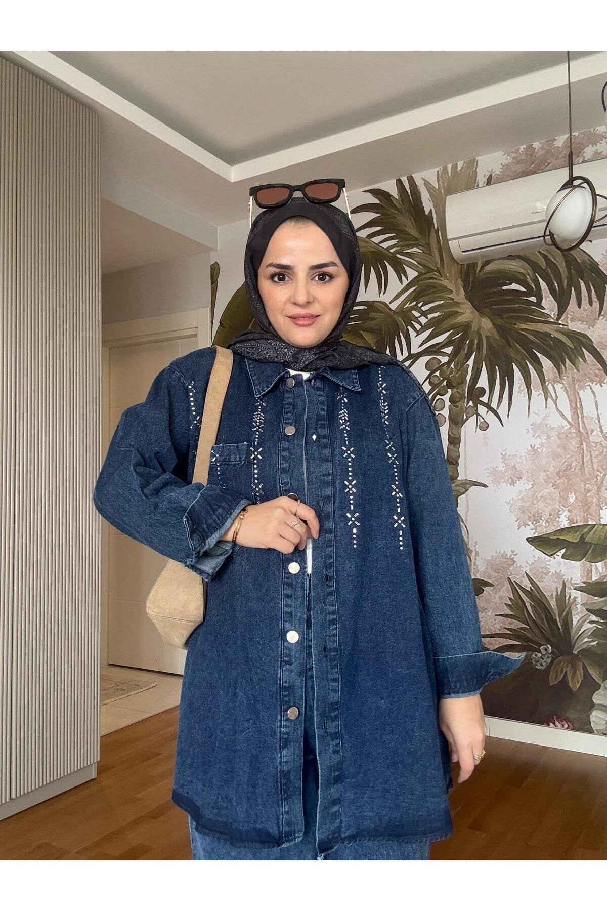 Üçgen Şerit Taş  Detaylı Denim Gömlek İkili Takım Açık  Mavi