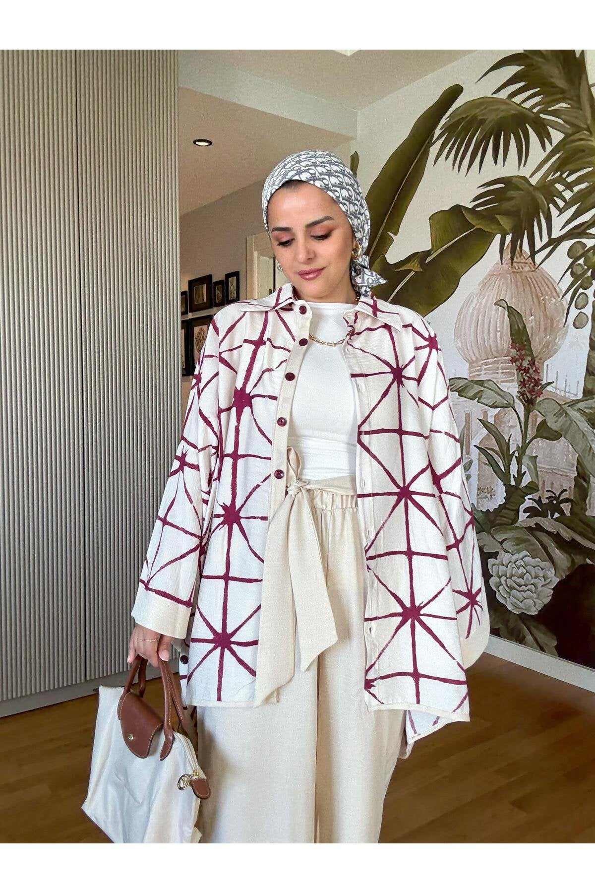 Çizgili Pamuk Keten Kimono Takım | Yazlık Rahat Tesettür İkili Takım Siyah