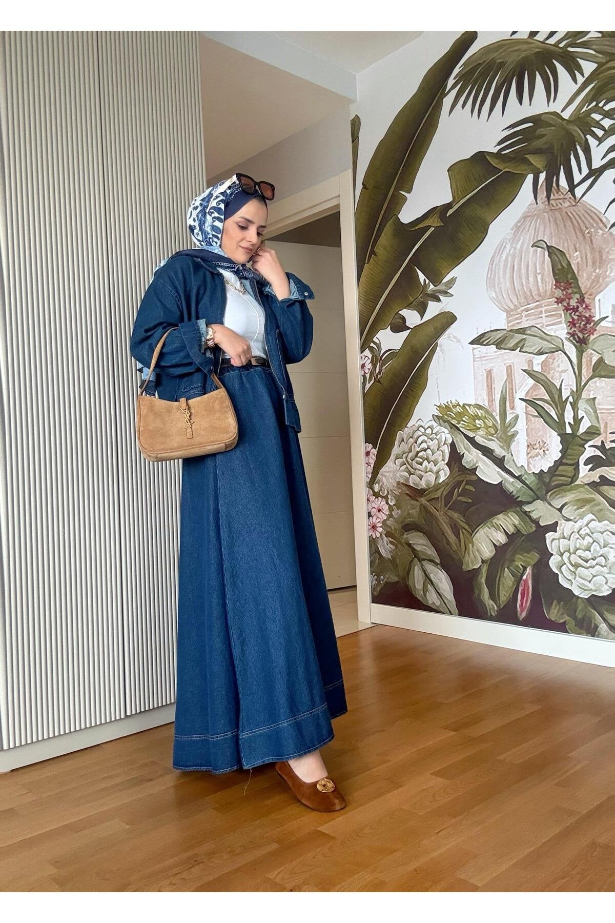Denim Fermuarlı Çan Etek Takım Lacivert