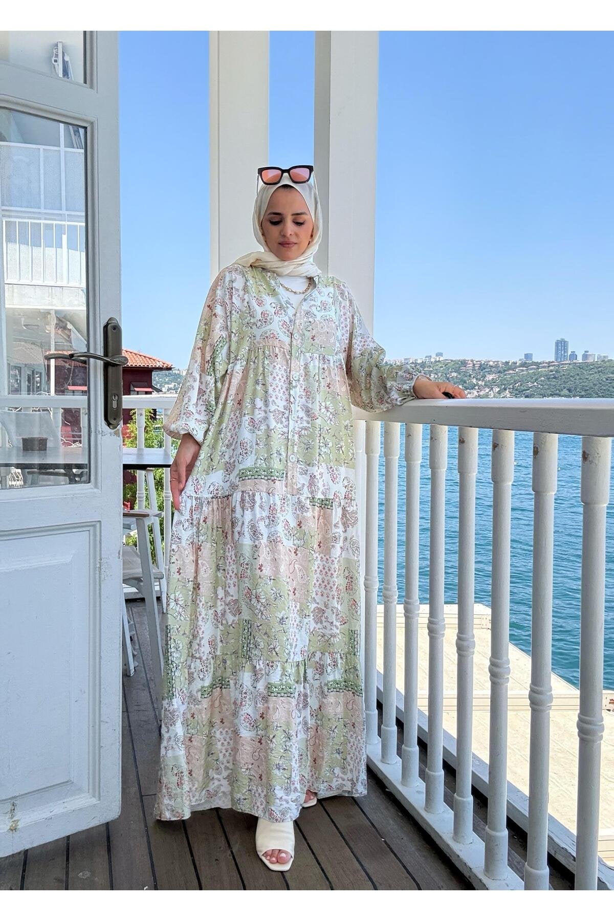 Etnik Desenli Robalı Yazlık Elbise | Düğmeli ve Rahat Kesim Bej-mavi