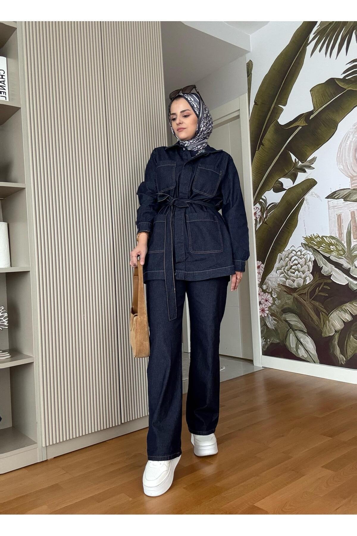 Cepli Denim Kuşaklı Ceket Takım Koyu Mavi