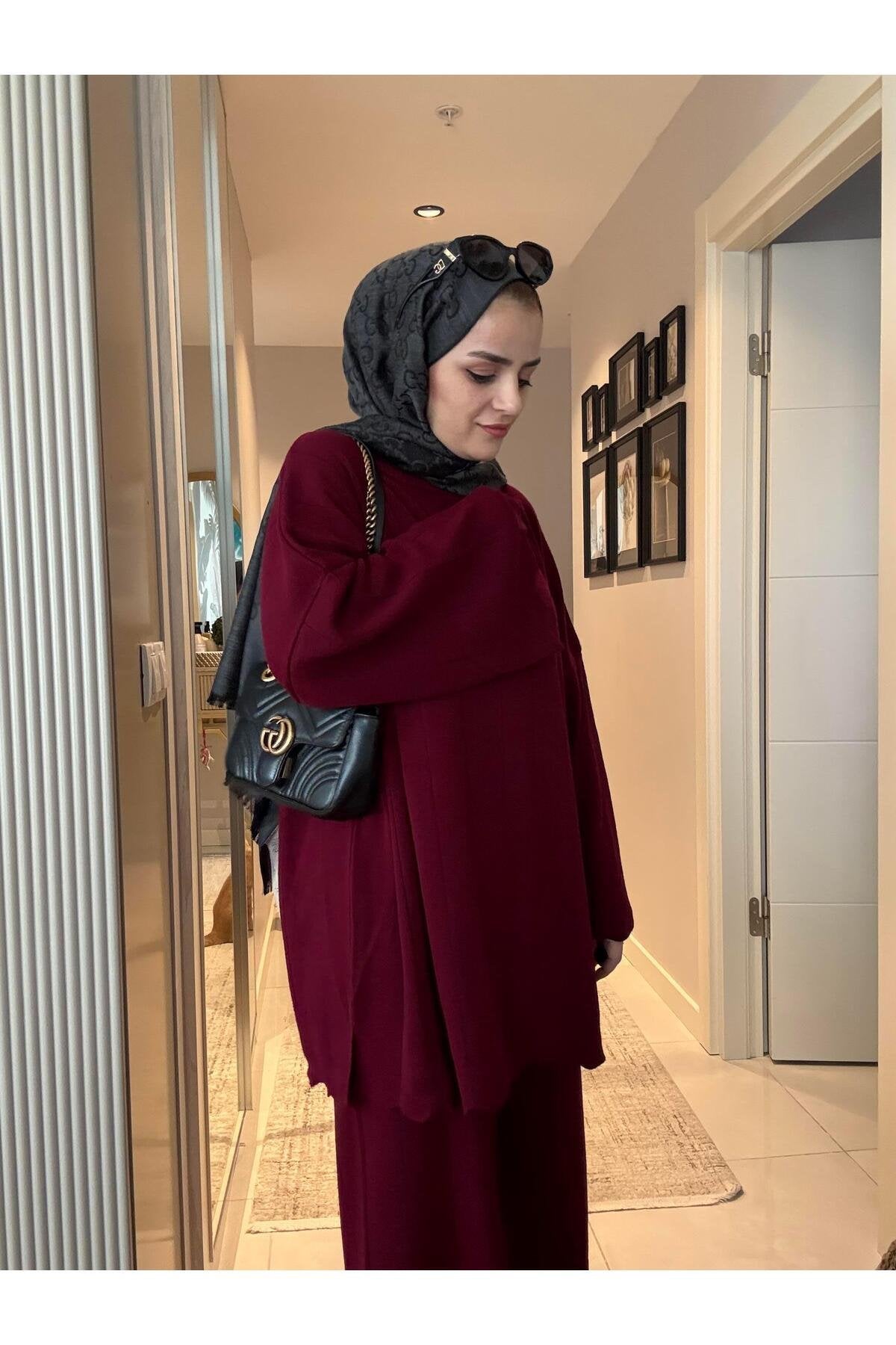 Fitilli Kolyeli Günlük Triko Ikili Takım Bordo