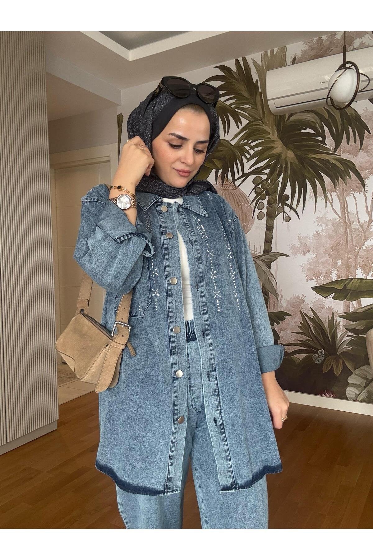 Üçgen Şerit Taş  Detaylı Denim Gömlek İkili Takım Açık  Mavi