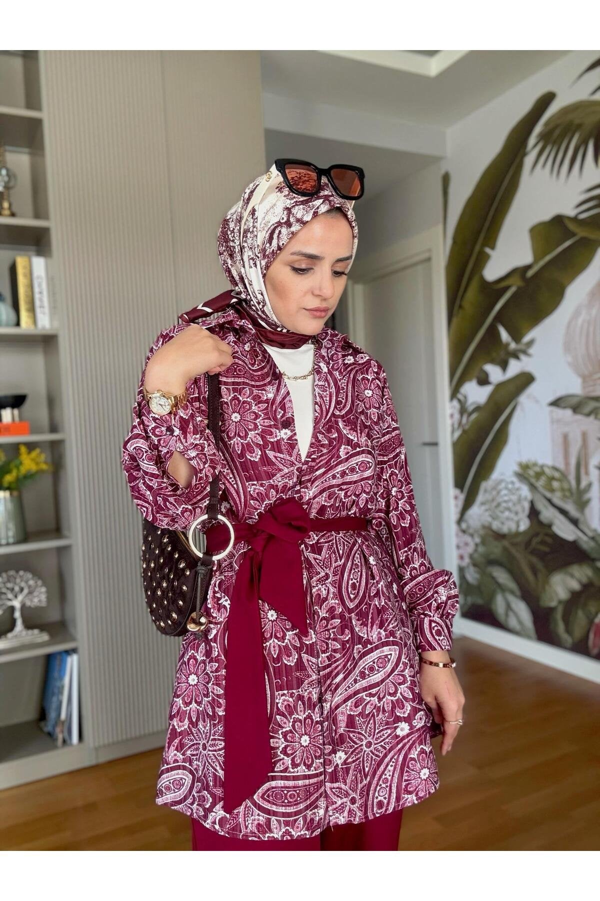 Bahar Pamuklu Gömlek Desenli Krep Pantolon Takım Vizon