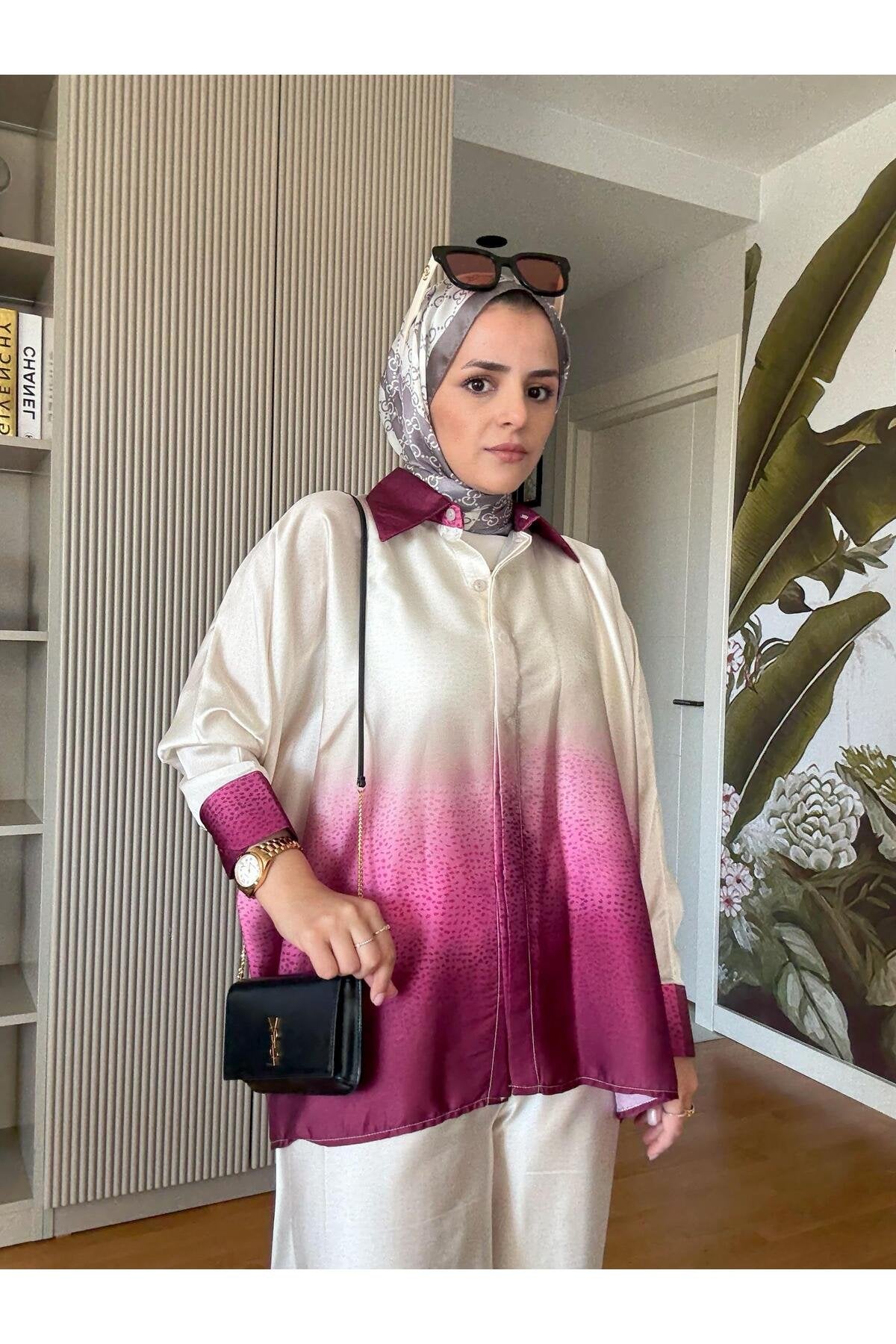 Saten Gömlek Renk Geçişli İkili Takım Pembe