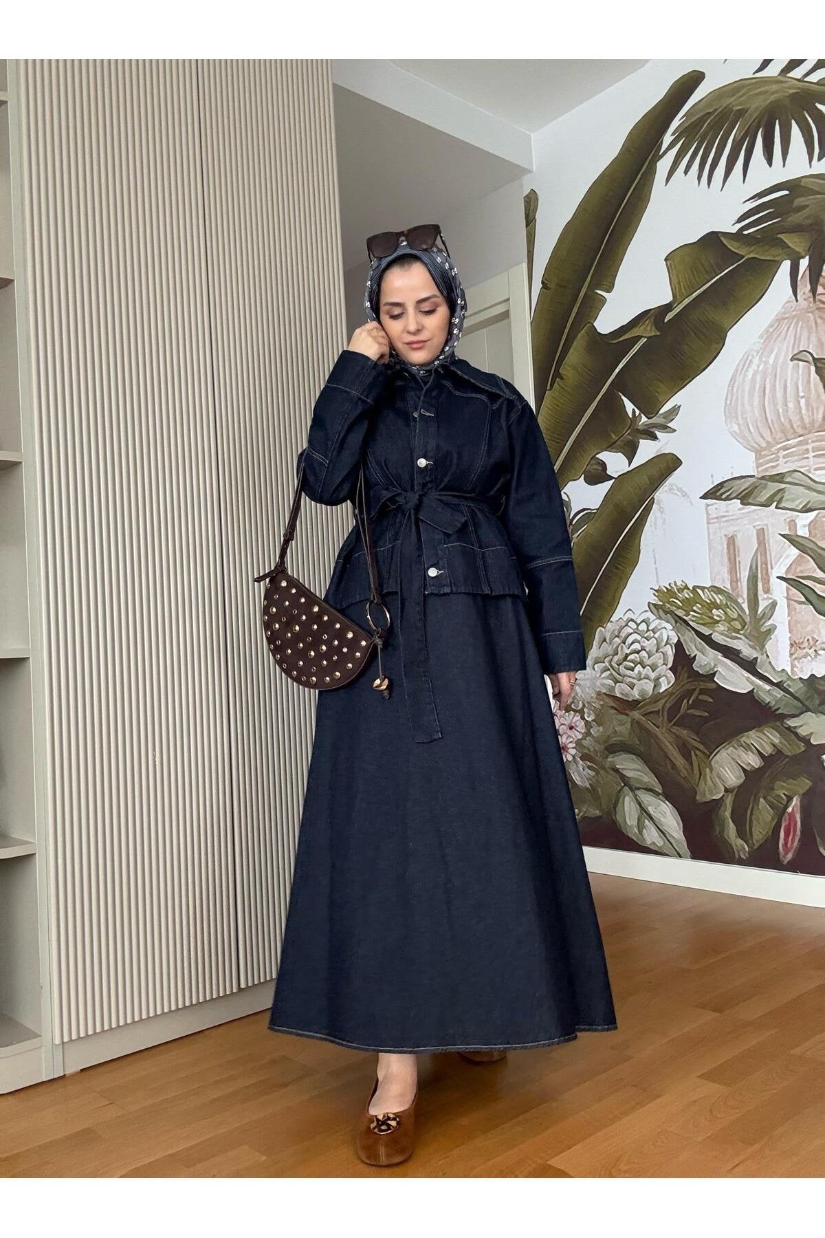 Denim Kuşaklı Çan Etek Takım KoyuMavi