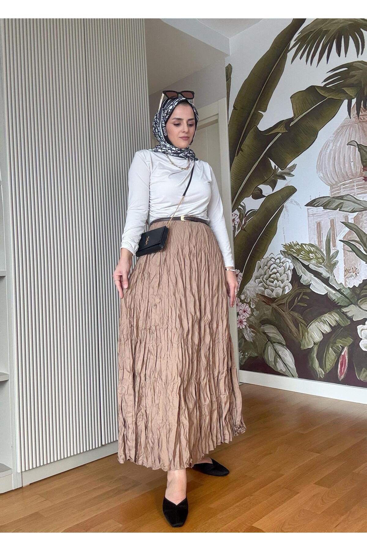 Kırışık Kumaşlı Etekli Takım Lacivert