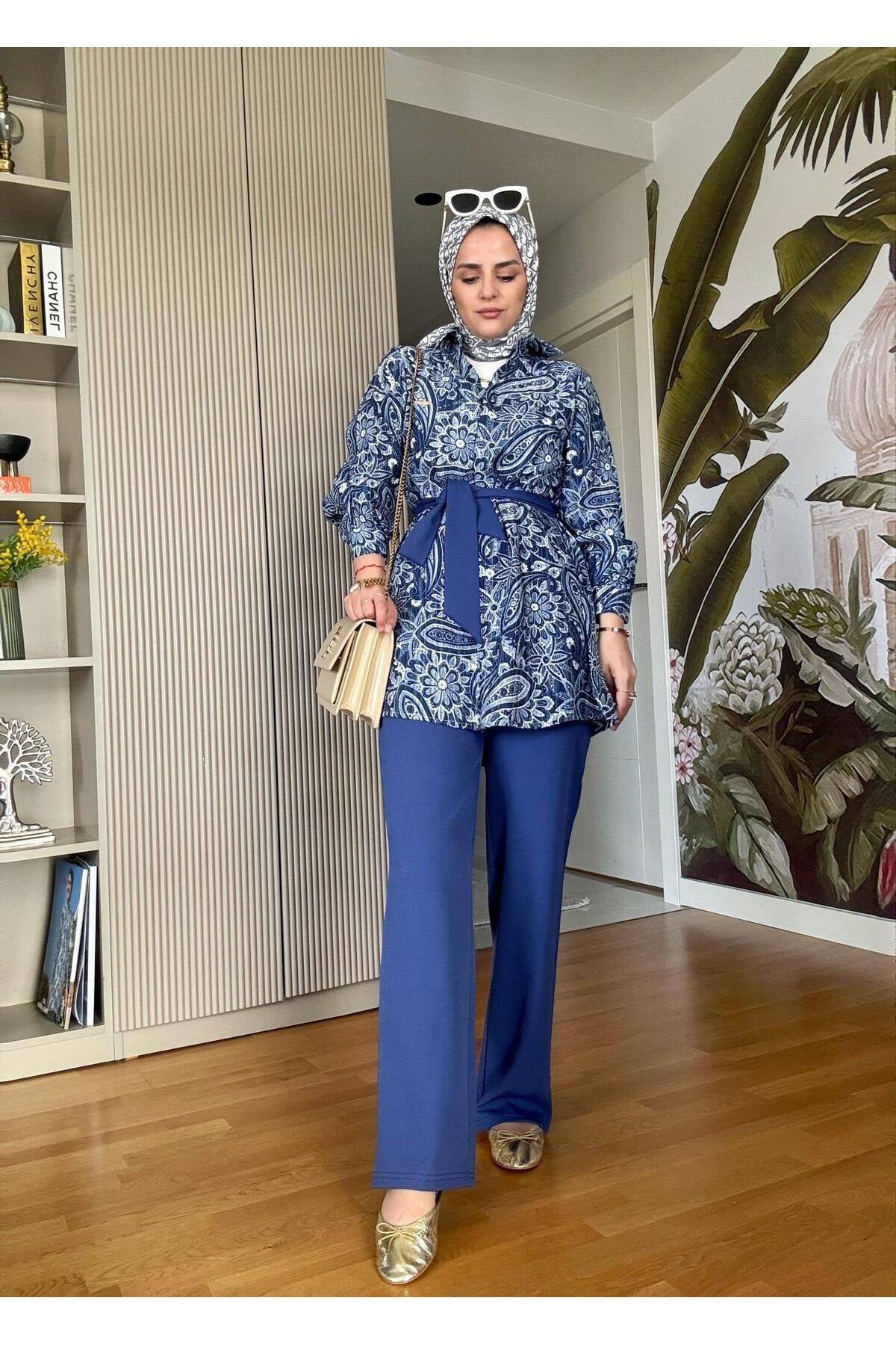 Bahar Pamuklu Gömlek Desenli Krep Pantolon Takım Vizon