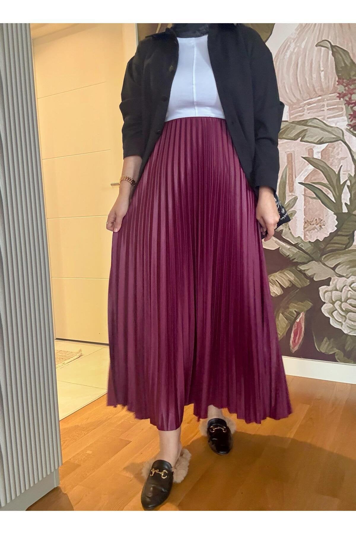 Pileli Maxi Boy Etek Bordo