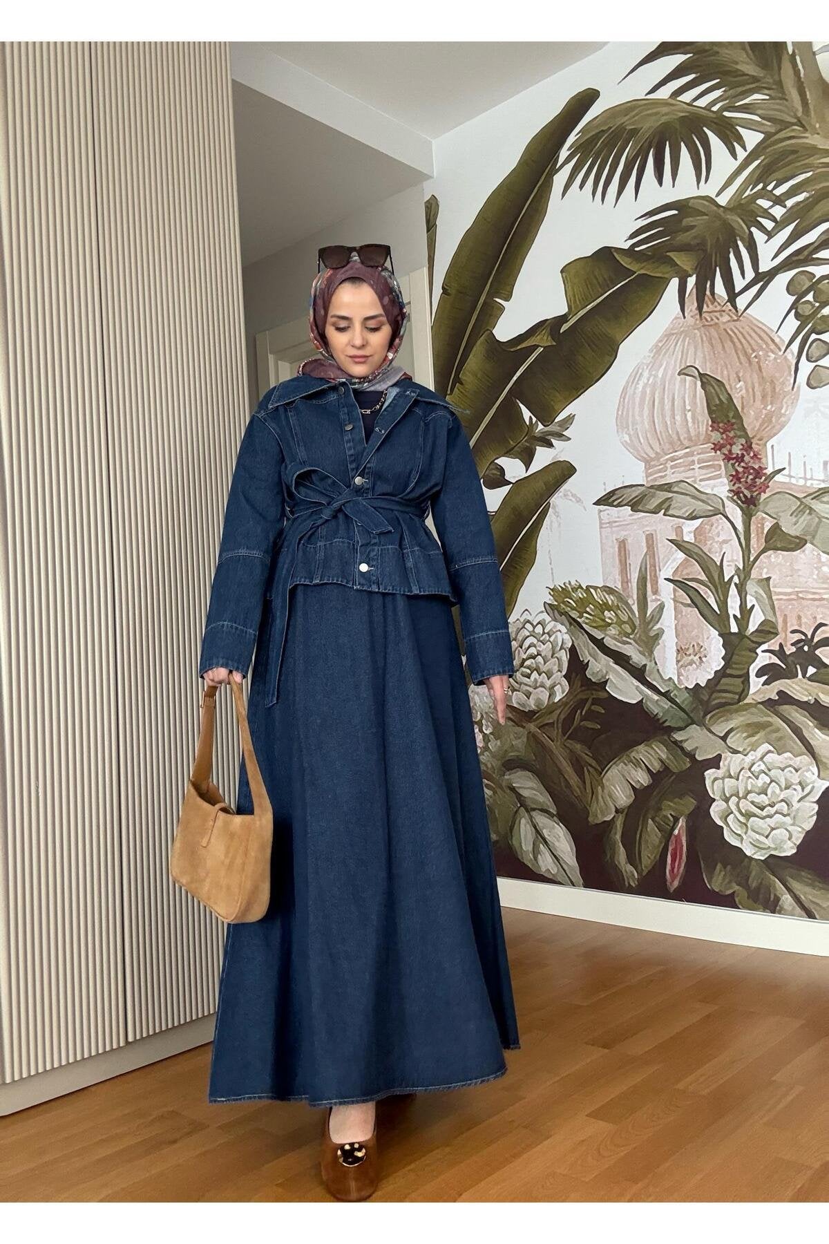 Denim Kuşaklı Çan Etek Takım Lacivert