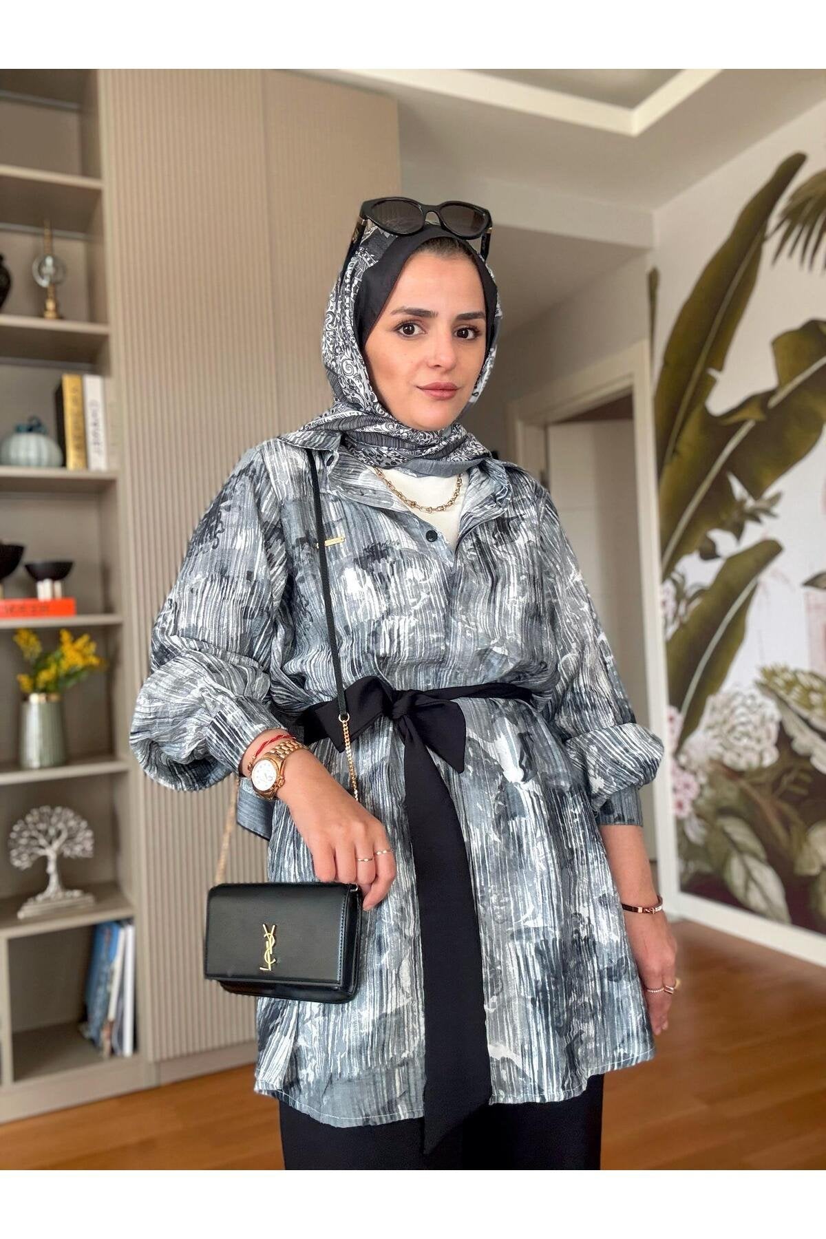 Bella Pamuklu Gömlek Desenli Krep Pantolon Takım Bej