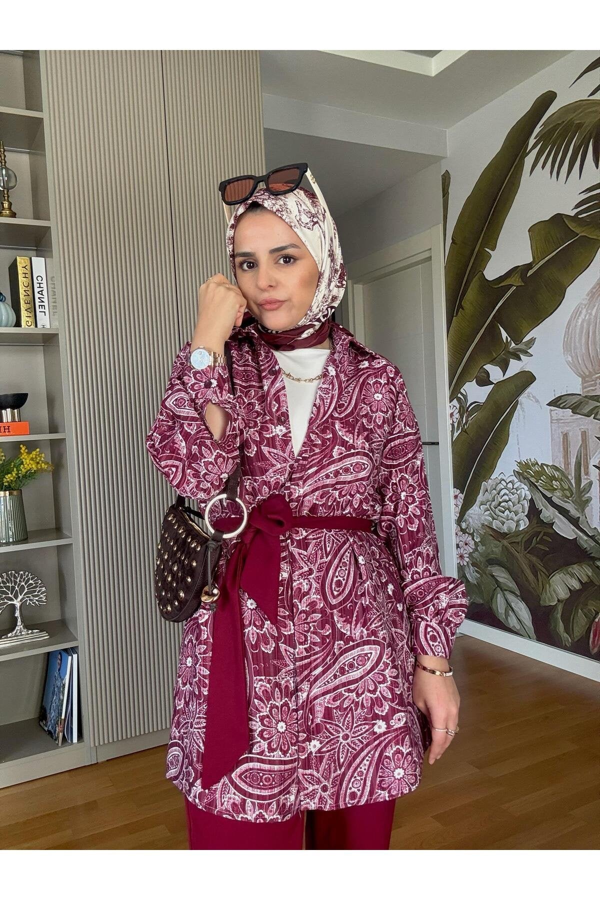Bahar Pamuklu Gömlek Desenli Krep Pantolon Takım Vizon