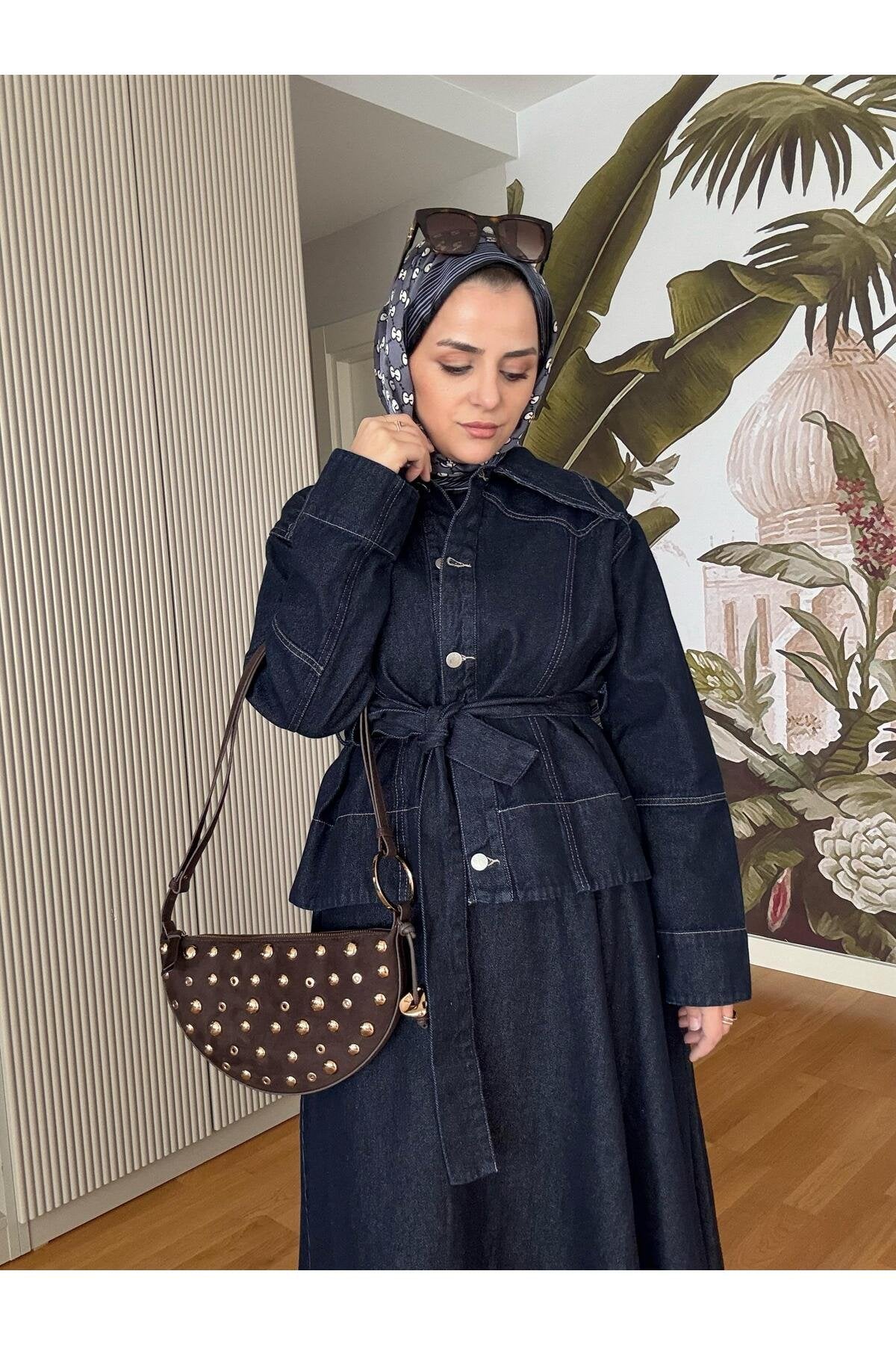 Denim Kuşaklı Çan Etek Takım KoyuMavi