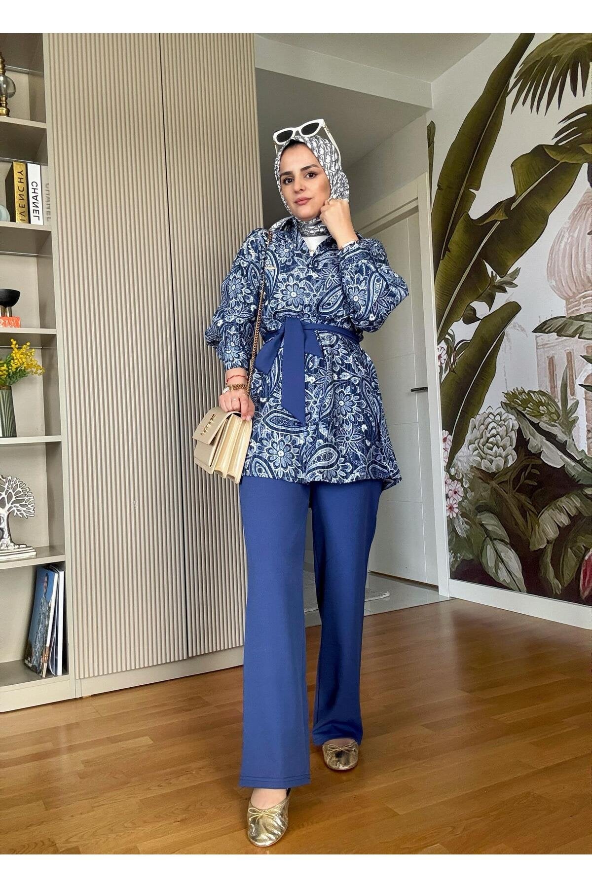 Bahar Pamuklu Gömlek Desenli Krep Pantolon Takım Vizon