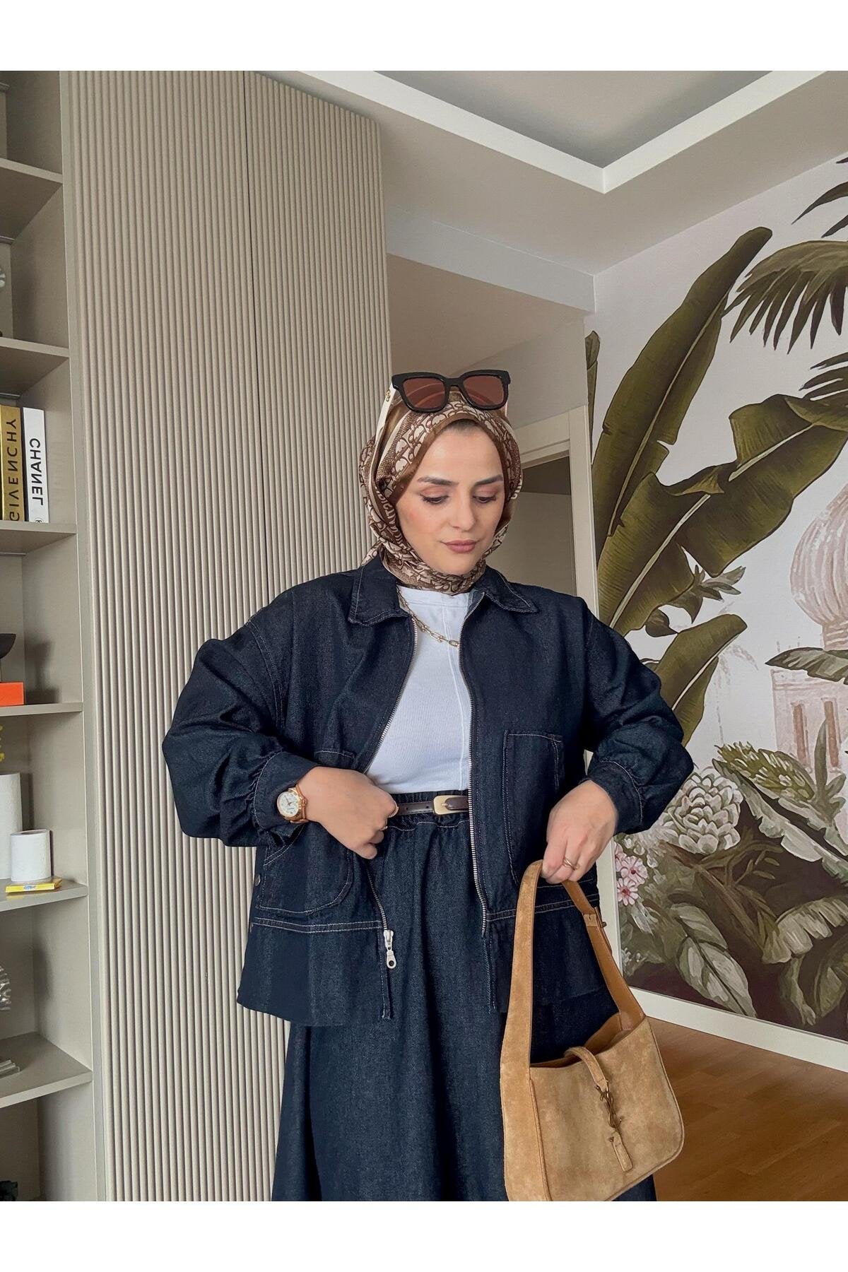 Denim Fermuarlı Çan Etek Takım Lacivert