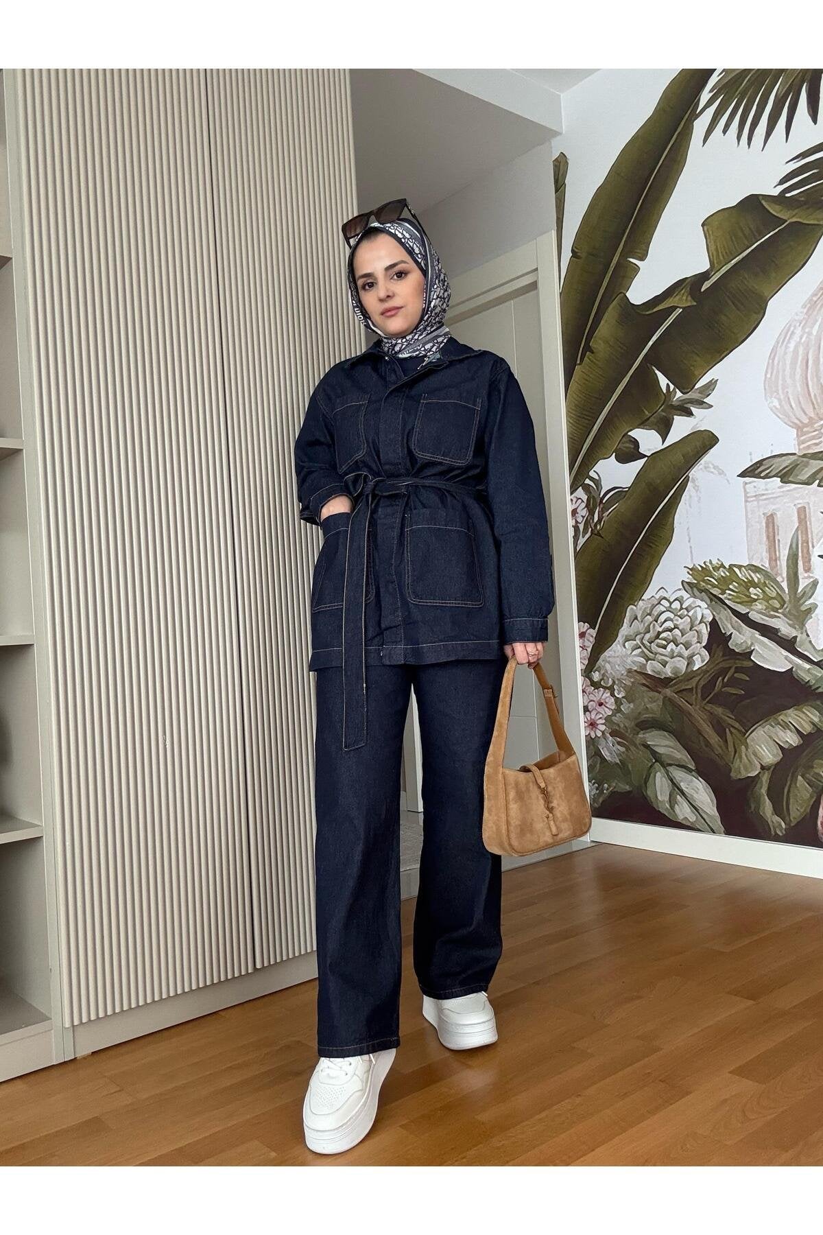 Cepli Denim Kuşaklı Ceket Takım Koyu Mavi