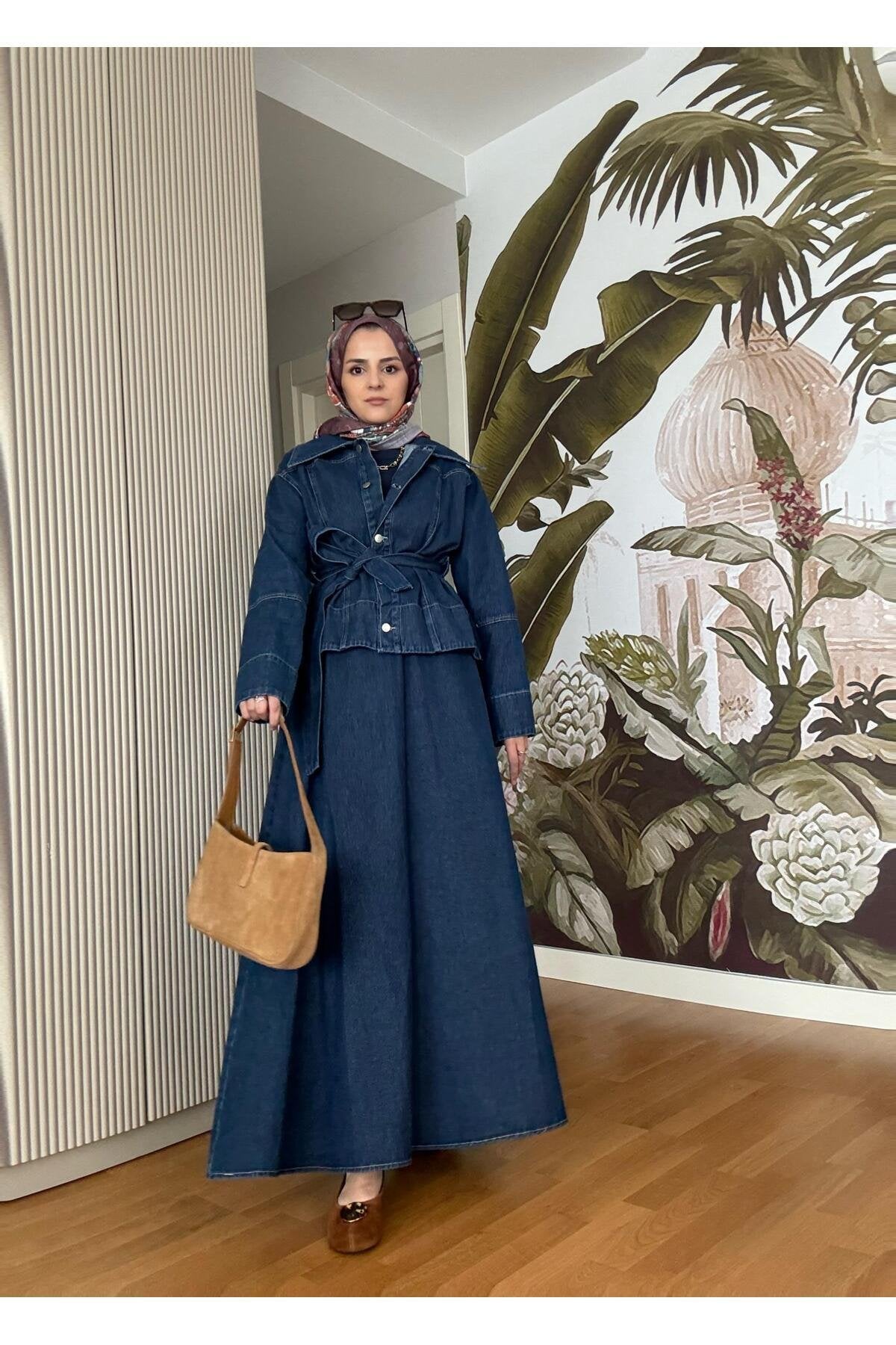 Denim Kuşaklı Çan Etek Takım Lacivert