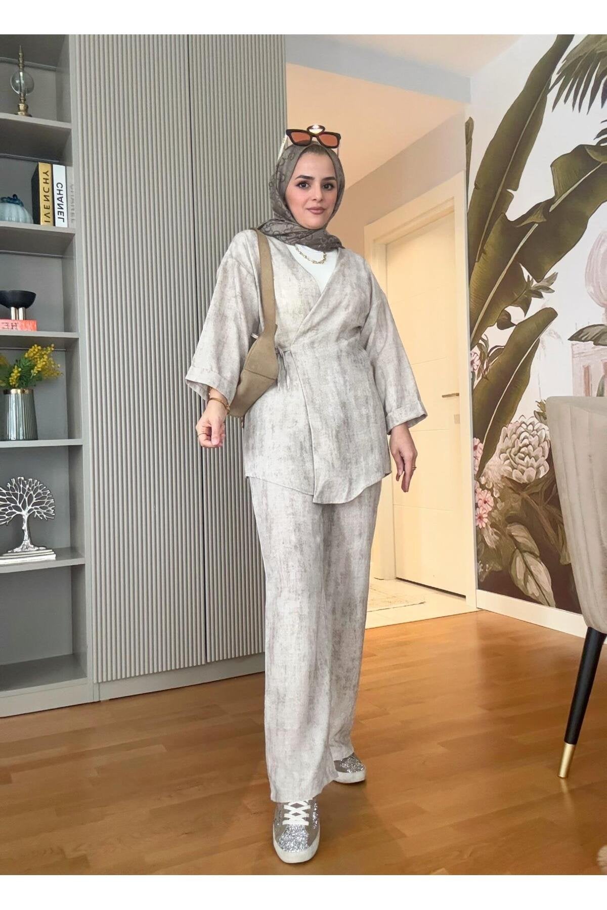 Kimona Pamuklu Bağlamalı Tunik Takım Bej