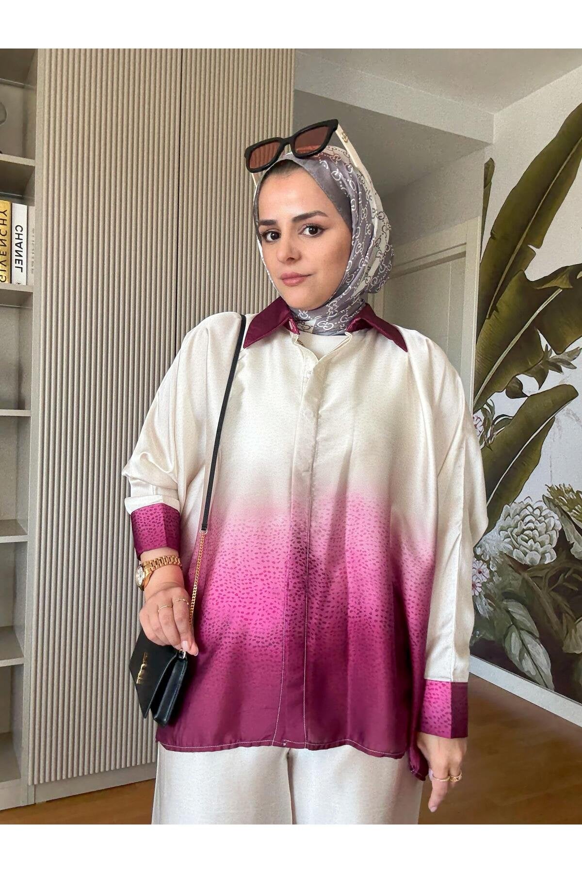 Saten Gömlek Renk Geçişli İkili Takım Pembe
