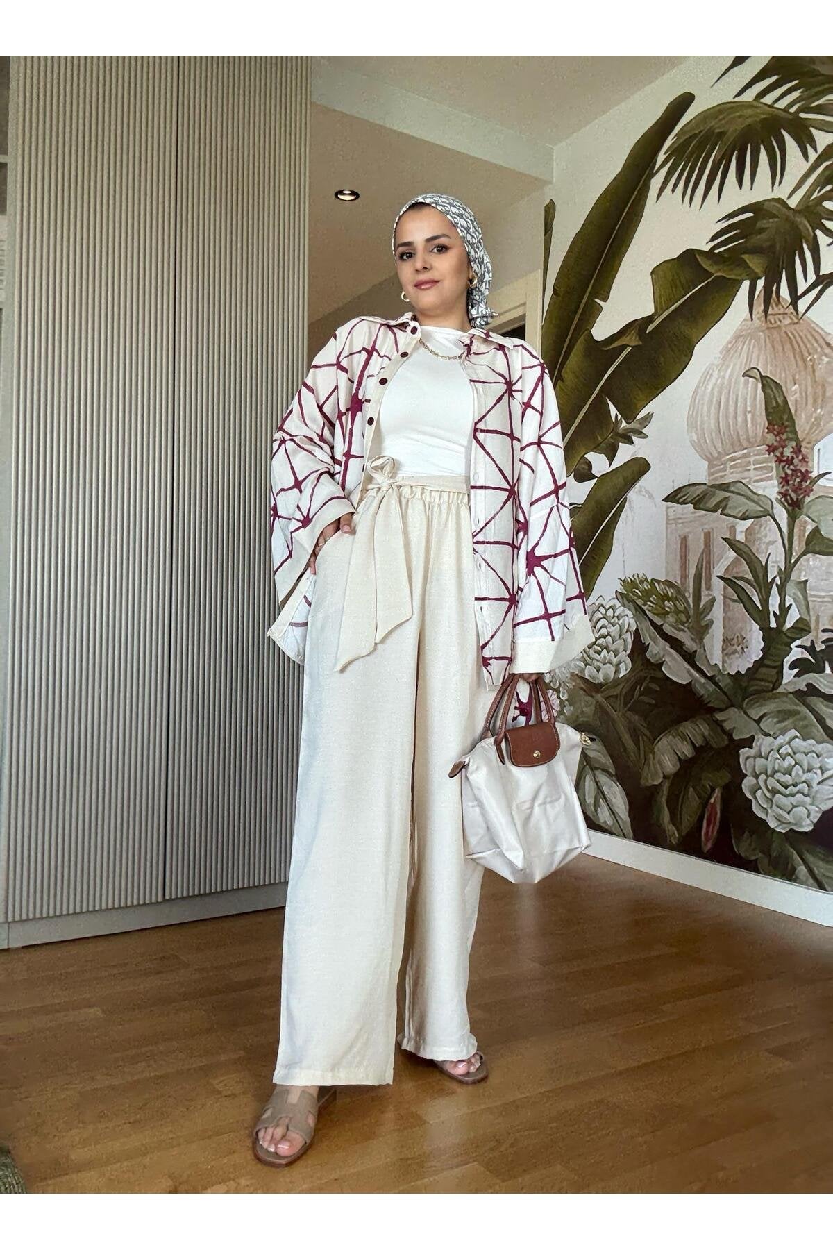 Çizgili Pamuk Keten Kimono Takım | Yazlık Rahat Tesettür İkili Takım Siyah
