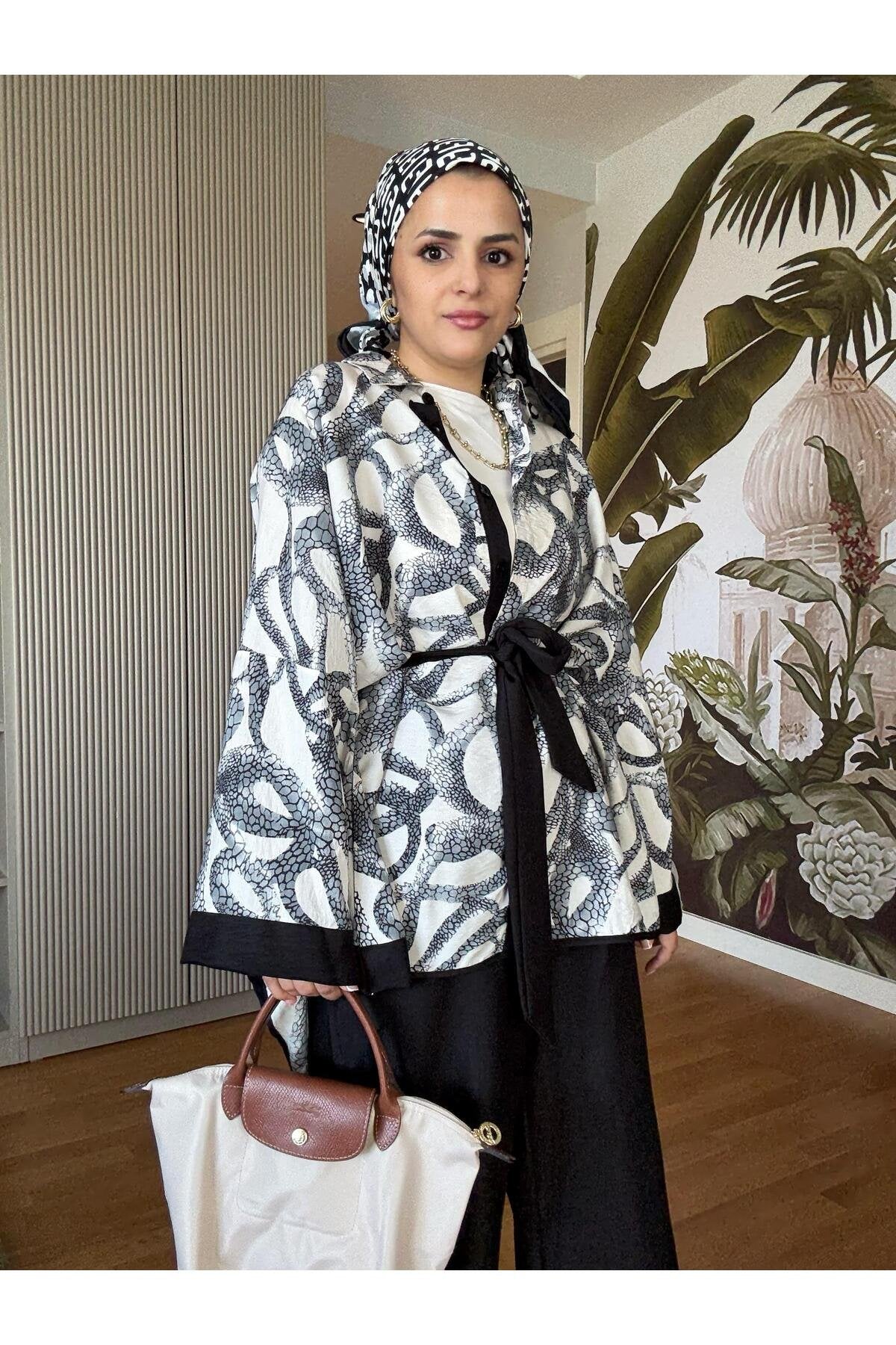 Yılan Desenli Pamuk Keten Kimono Takım | Yazlık Rahat Tesettür İkili Takım Siyah