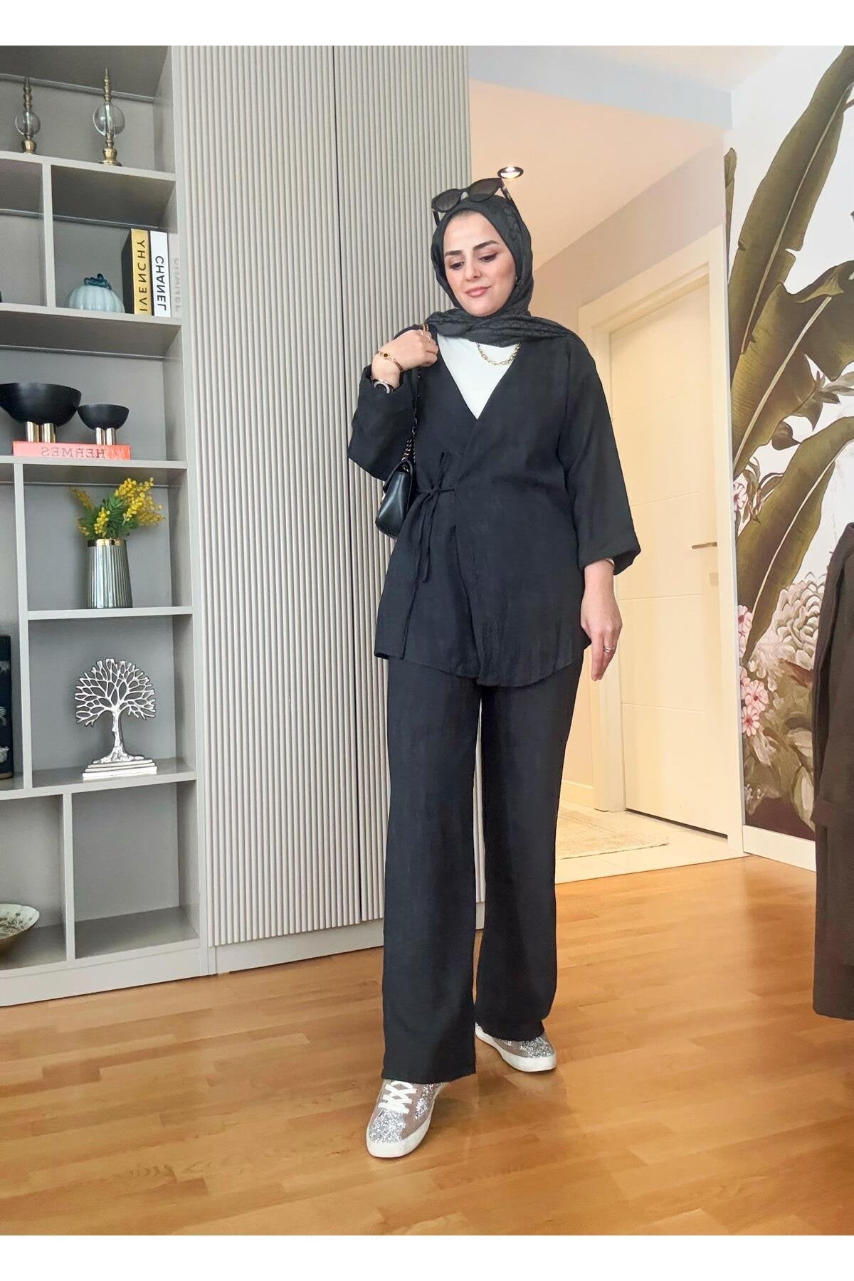 Kimona Pamuklu Bağlamalı Tunik Takım Bej