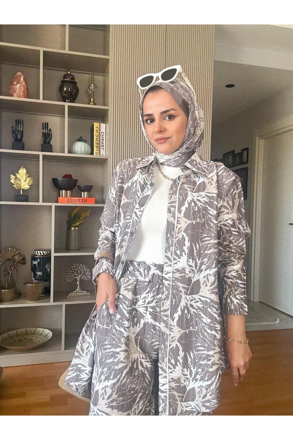 Pamuk Keten Desenli Biyeli Gömlek Takım Pembe
