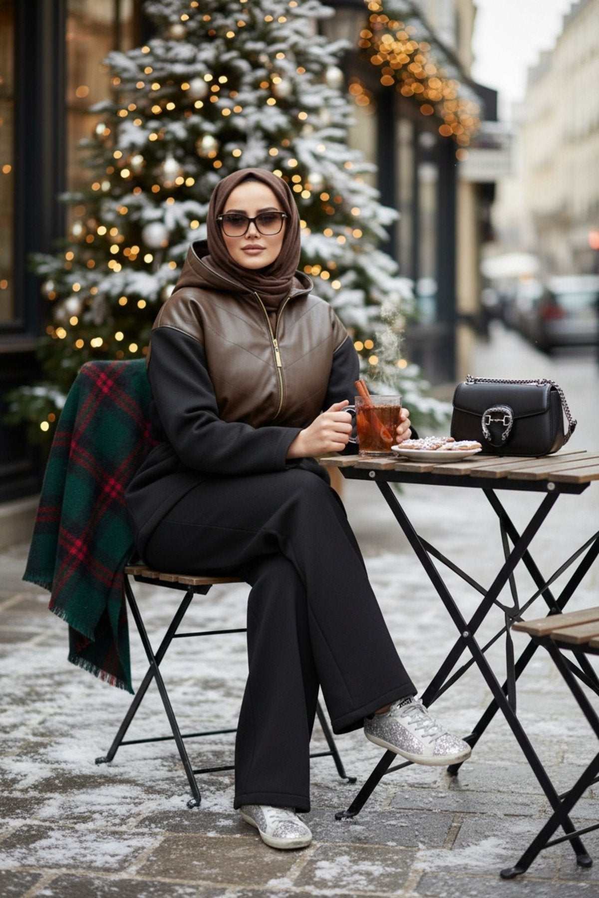 Milano Leather Set – Deri Detaylı Üç İplik Şardonlu Tesettür Takım Hakiyeşil