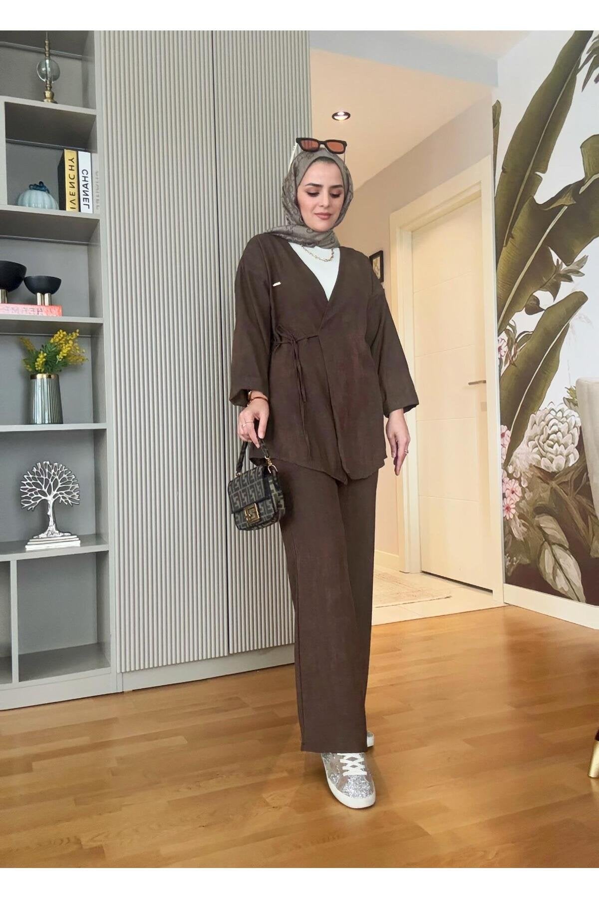 Kimona Pamuklu Bağlamalı Tunik Takım Bej