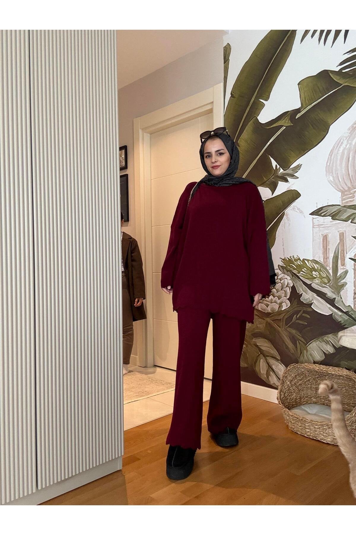 Fitilli Kolyeli Günlük Triko Ikili Takım Bordo