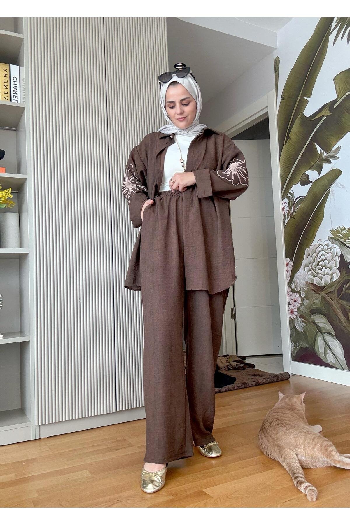 Keten Kol Çiçek Baskı  Detaylı Kolyeli Gömlek Takım Yağyeşil