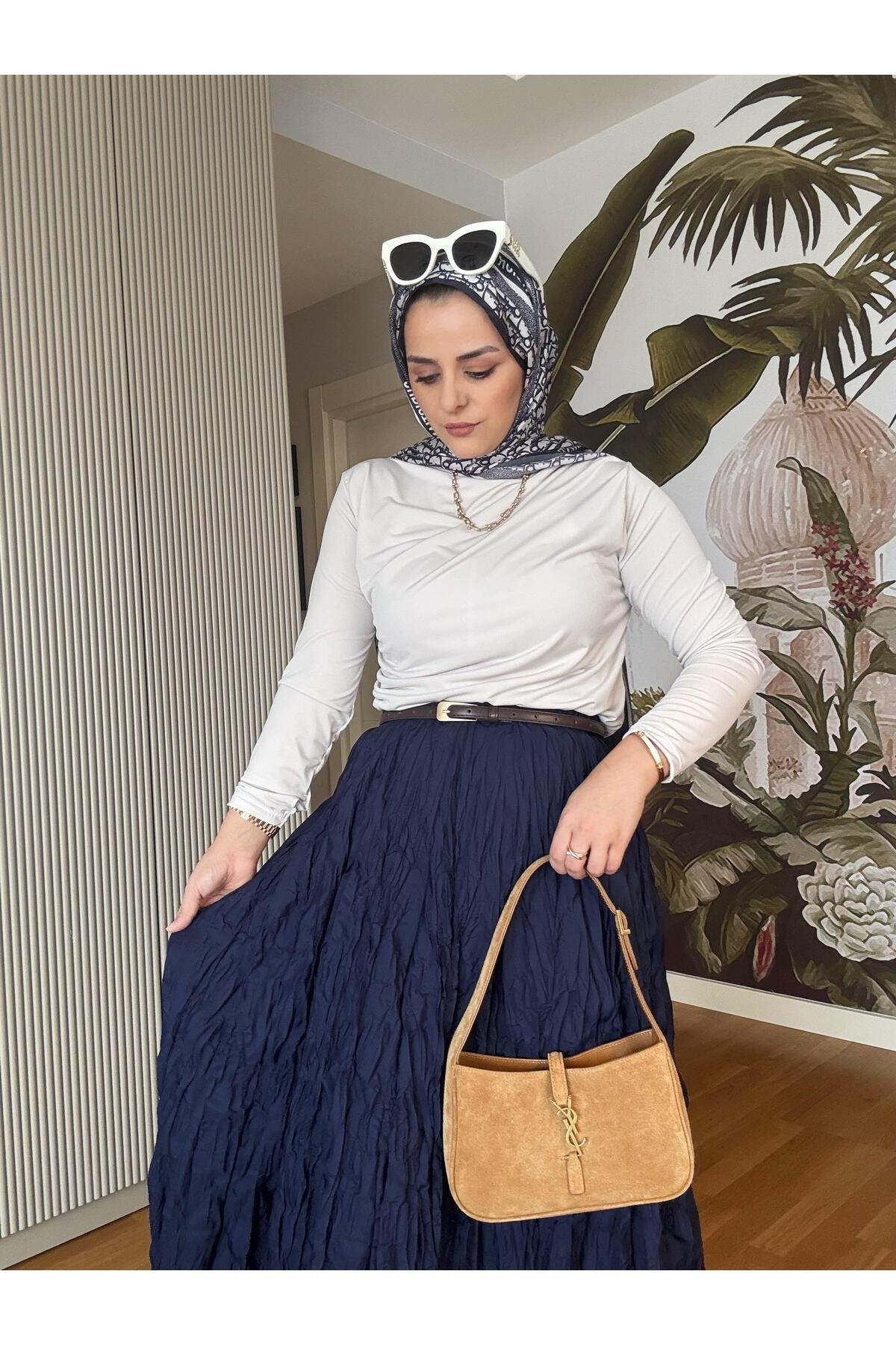 Kırışık Kumaşlı Etekli Takım Lacivert