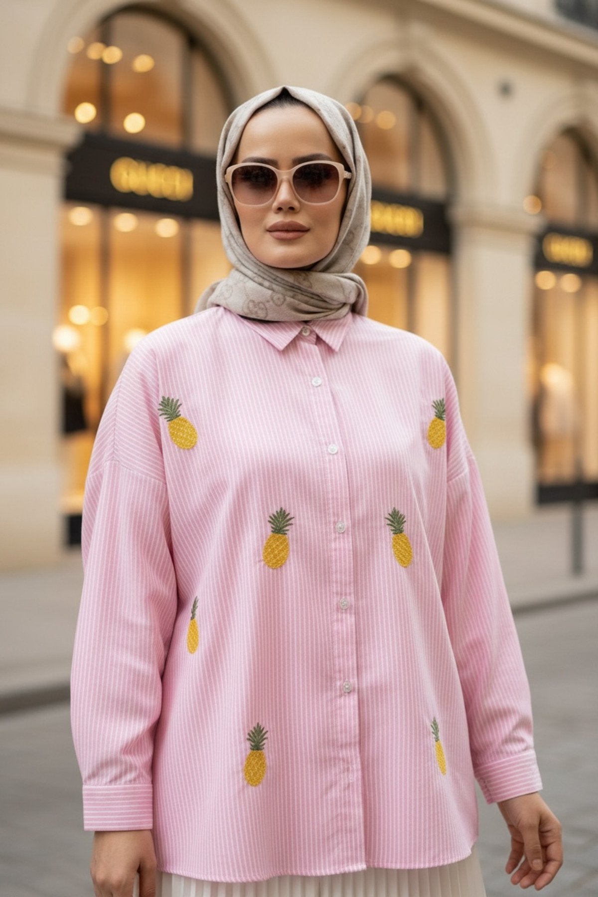 Çizgili Desen Poplin Ananas Nakışlı Gömlek Pembe