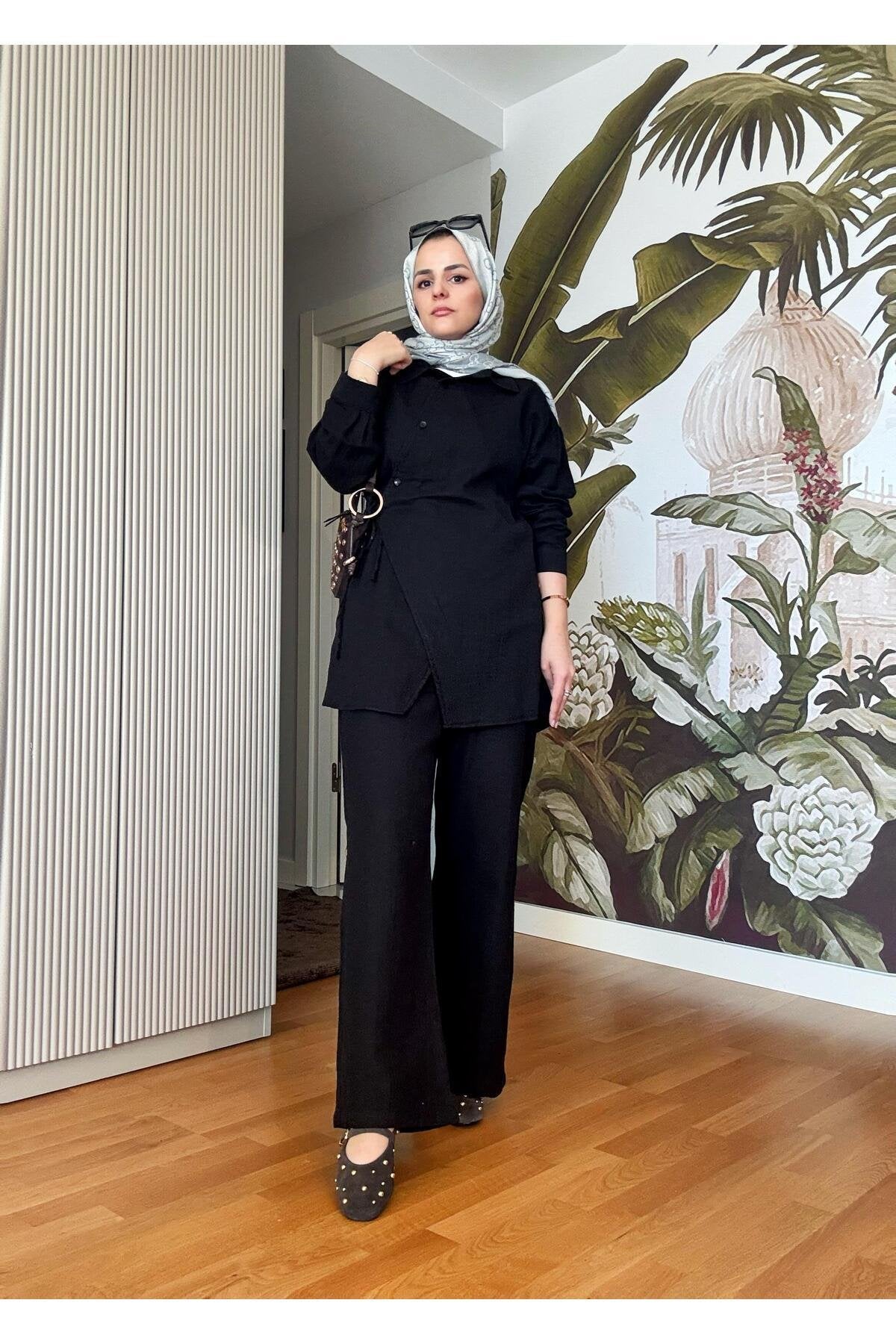 Kimona Müslin Pamuklu Gömlek Takım Siyah