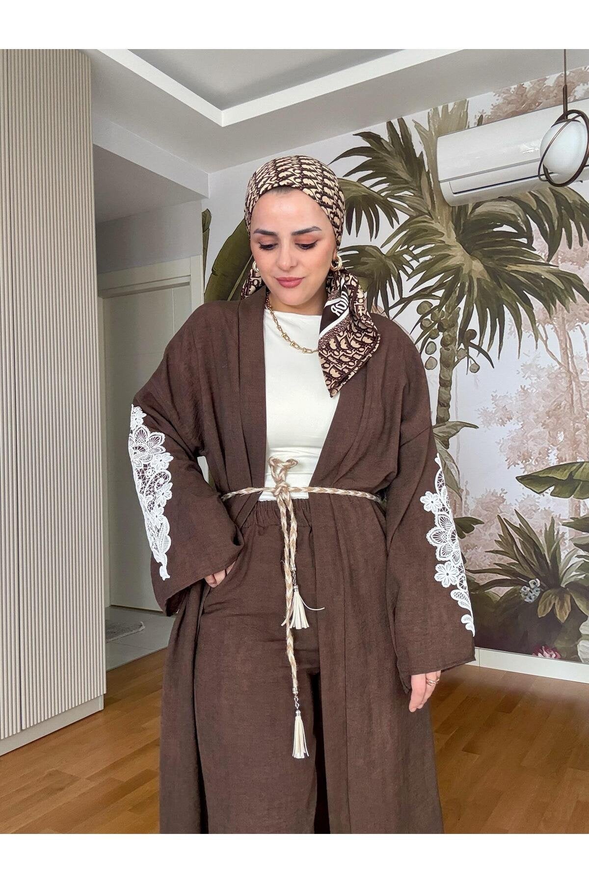 Kimona Pamuklu Kemerli Tunik Takım Siyah