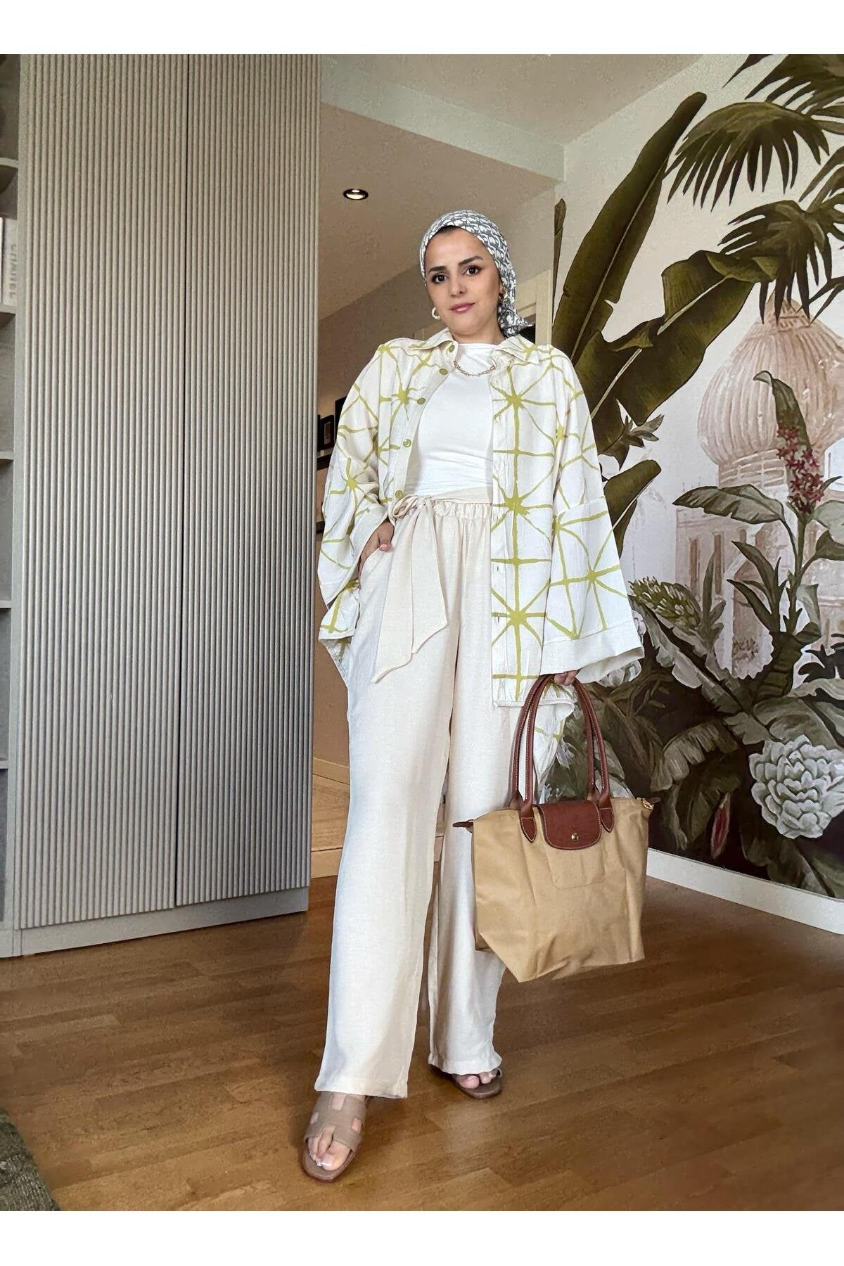 Çizgili Pamuk Keten Kimono Takım | Yazlık Rahat Tesettür İkili Takım Siyah