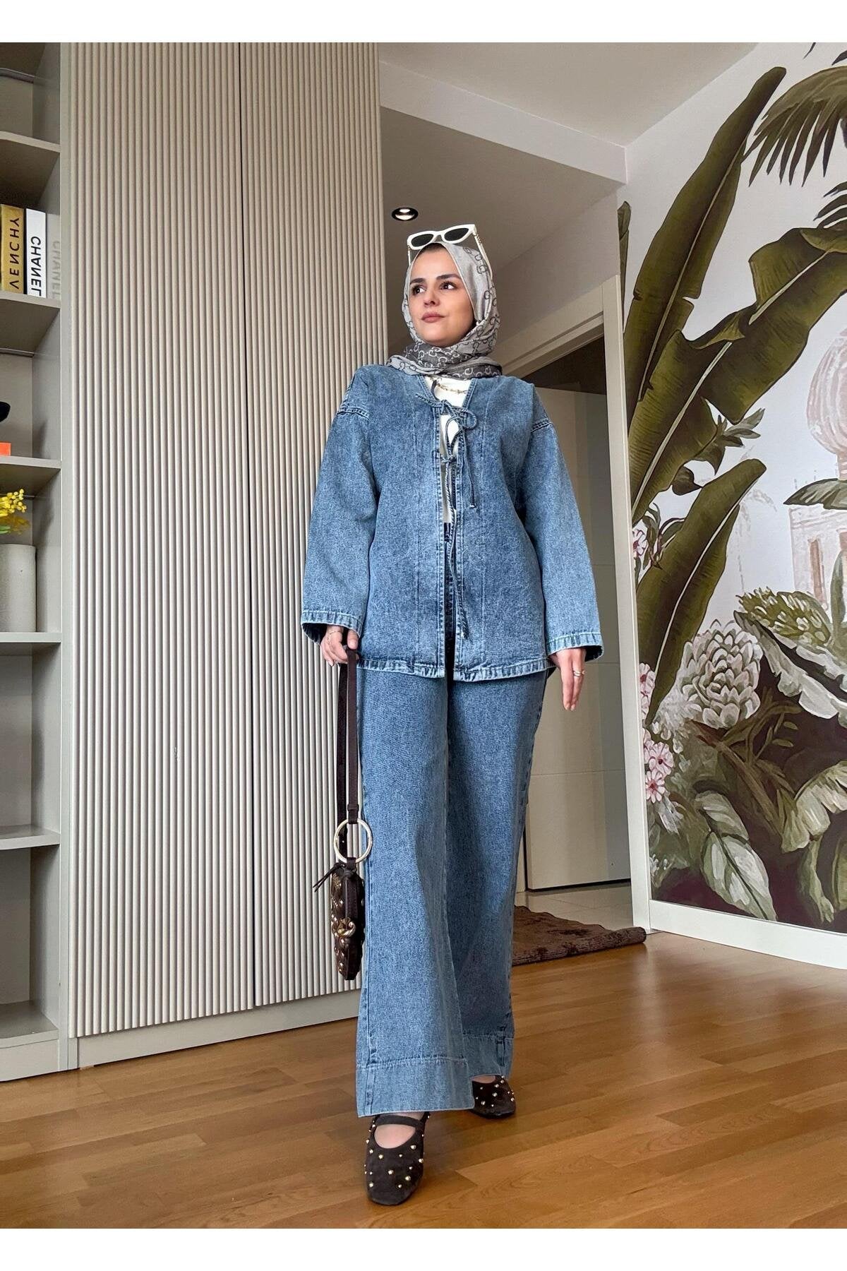Kurdela ipli Denim Ceket Takım Açık Mavi