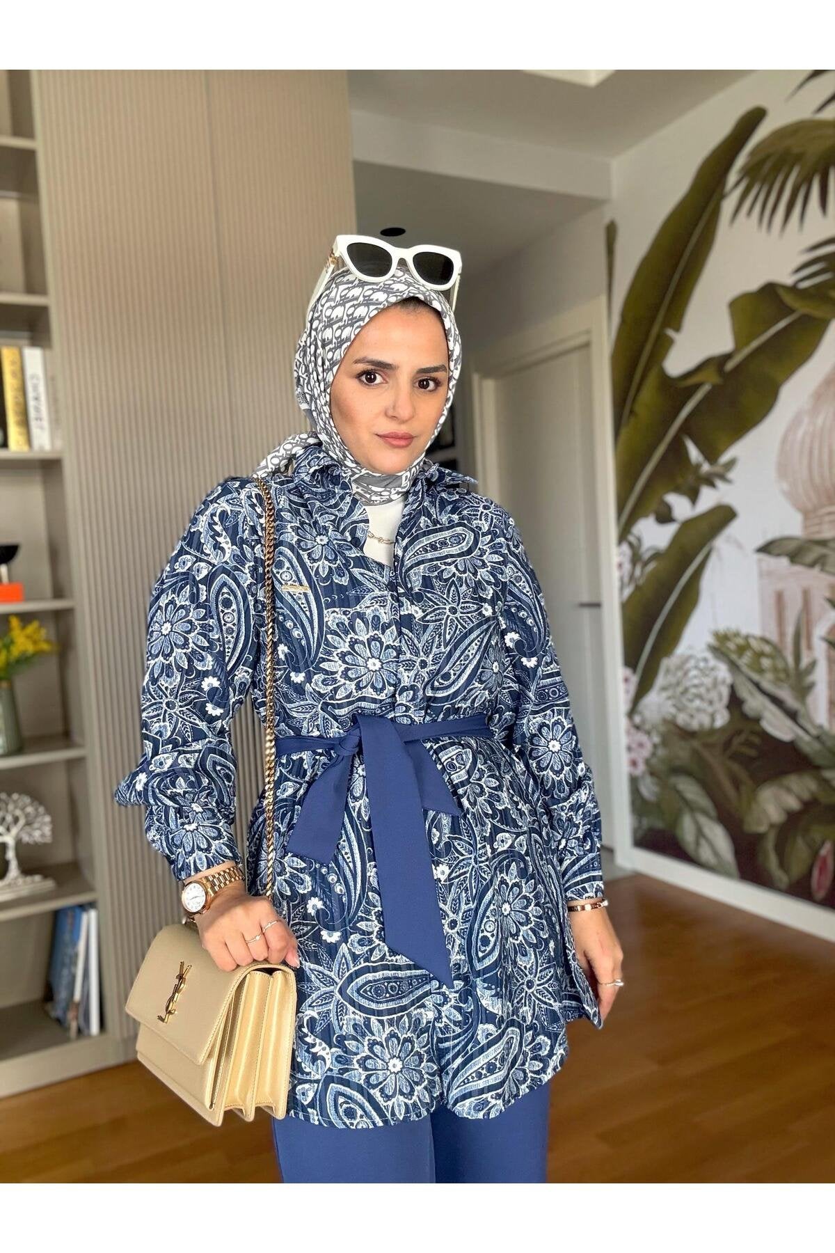 Bahar Pamuklu Gömlek Desenli Krep Pantolon Takım Vizon