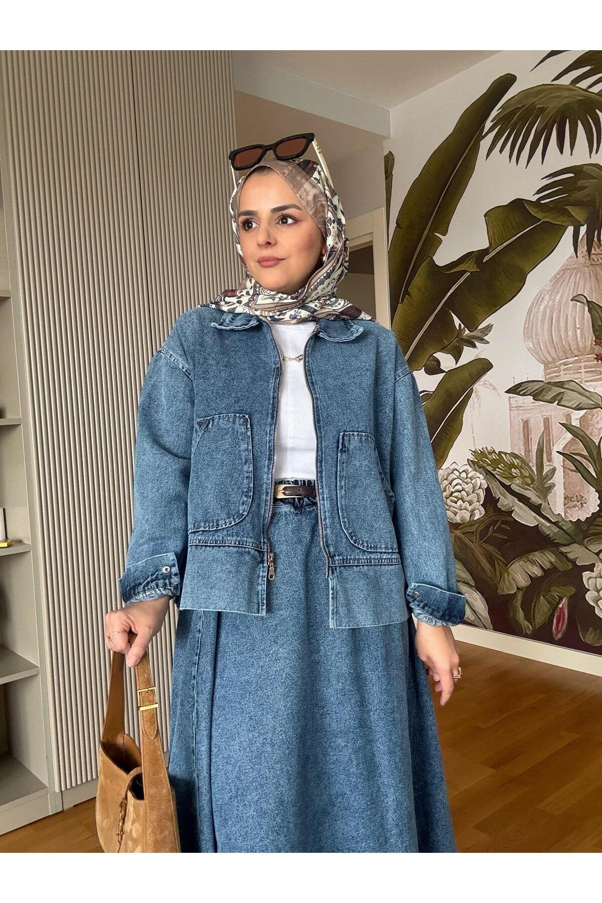 Denim Fermuarlı Çan Etek Takım Lacivert
