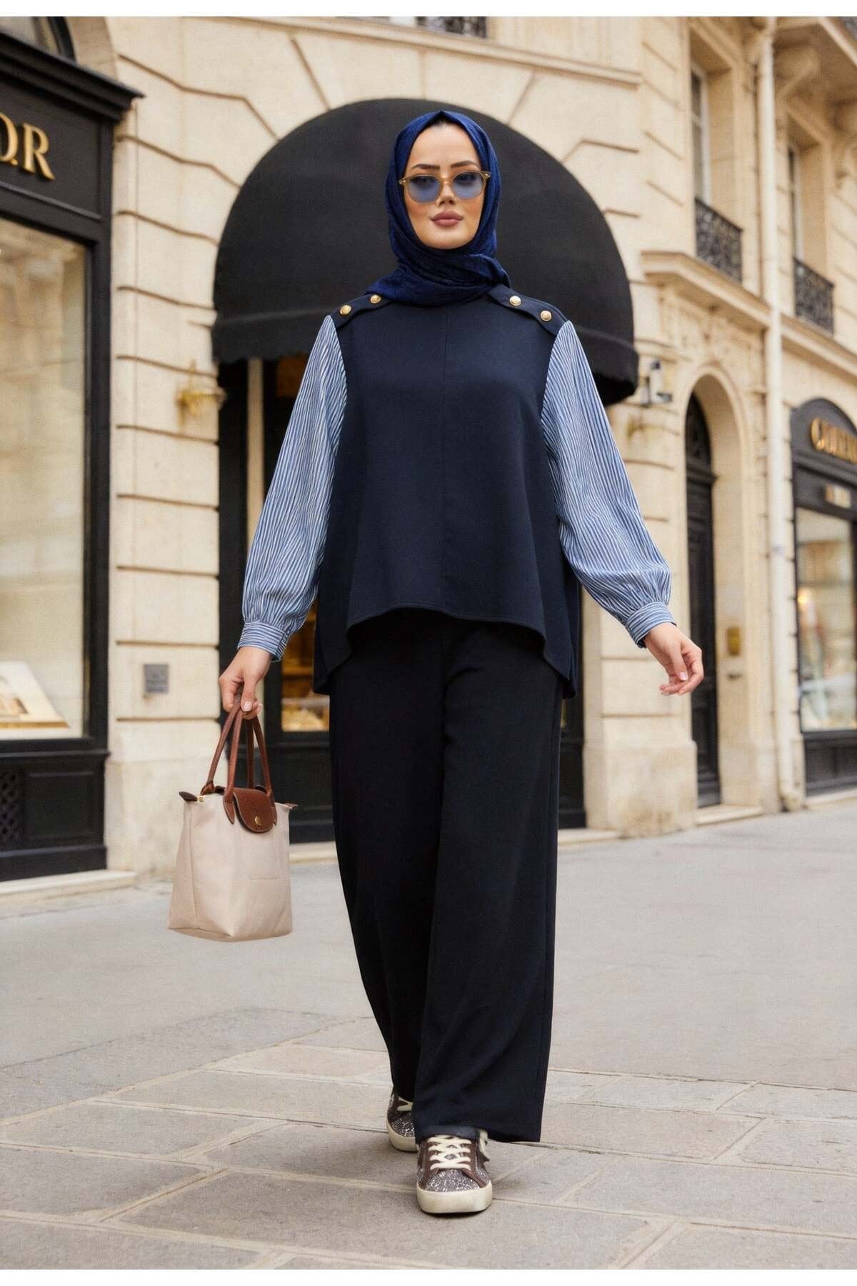 Marina Gömlek Çizgili İkili Takım-Lacivert
