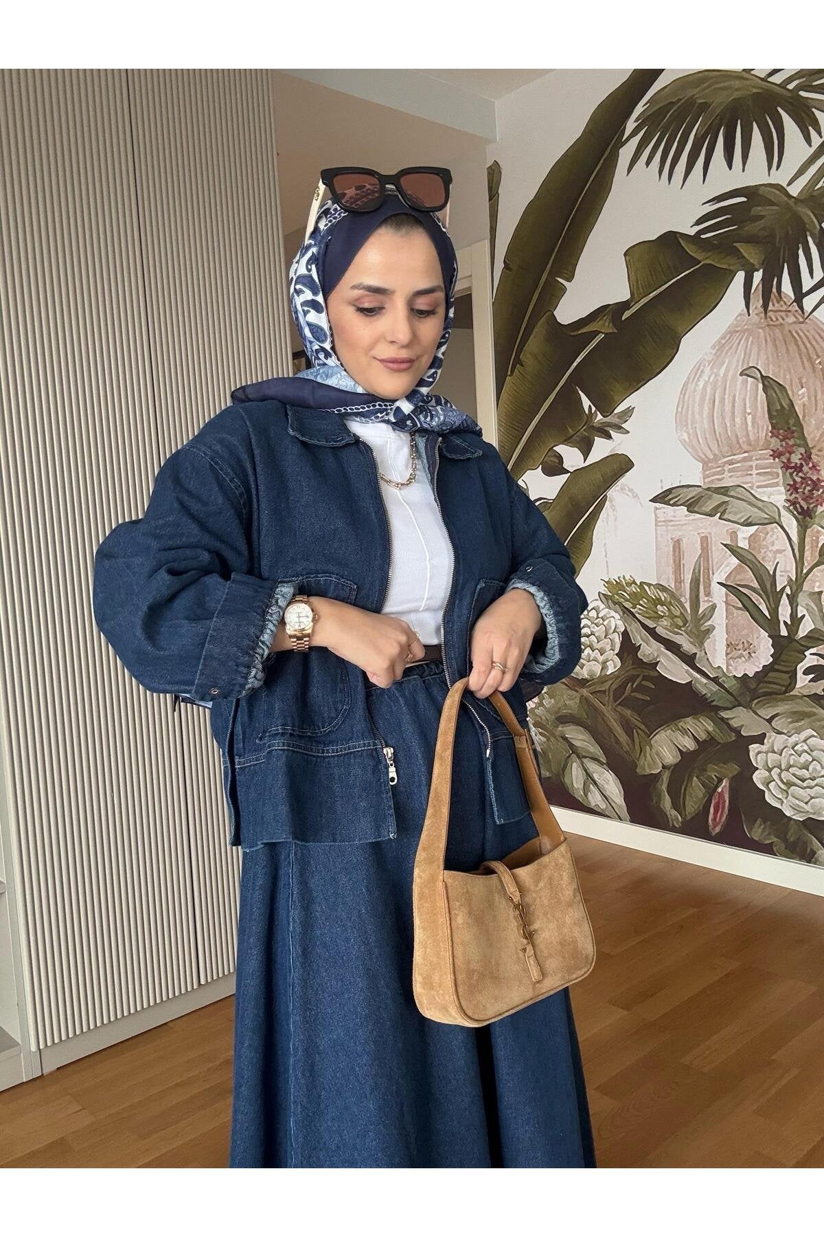 Denim Fermuarlı Çan Etek Takım Lacivert