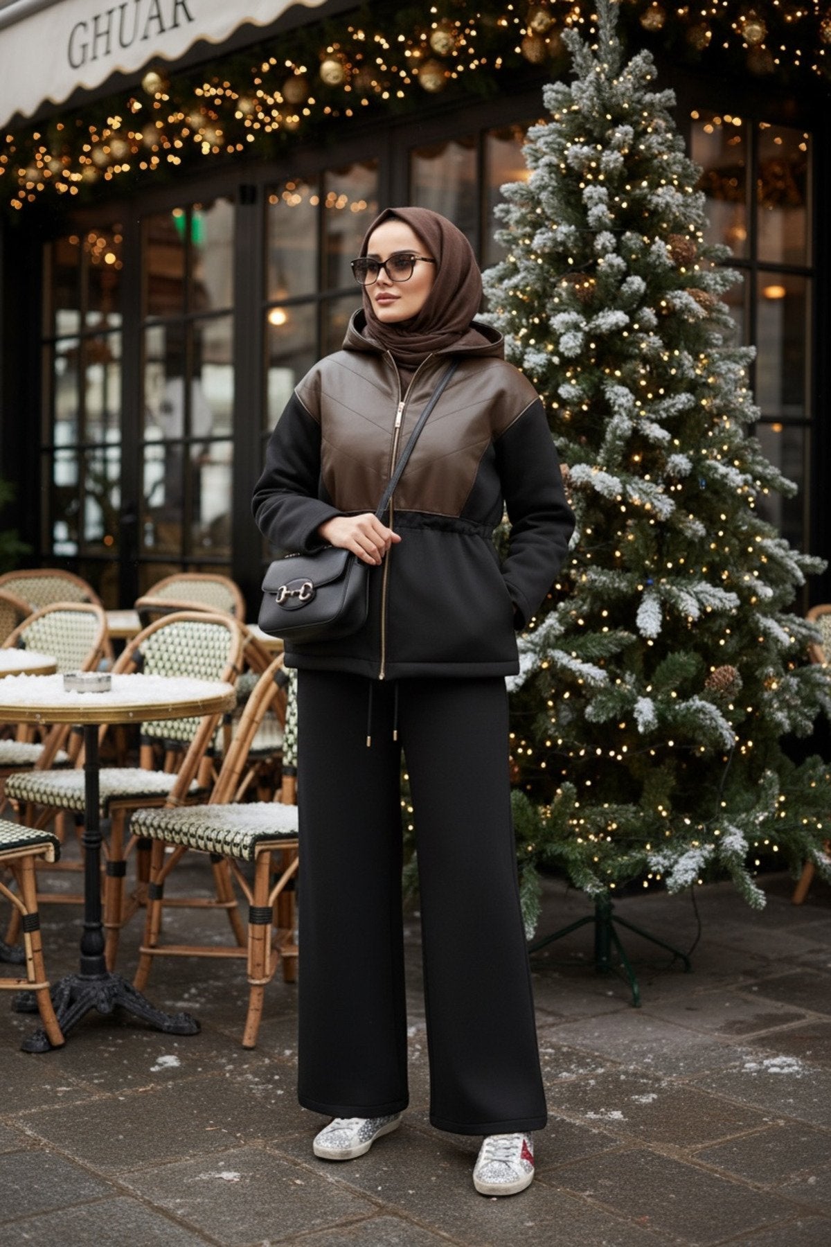 Milano Leather Set – Deri Detaylı Üç İplik Şardonlu Tesettür Takım Hakiyeşil