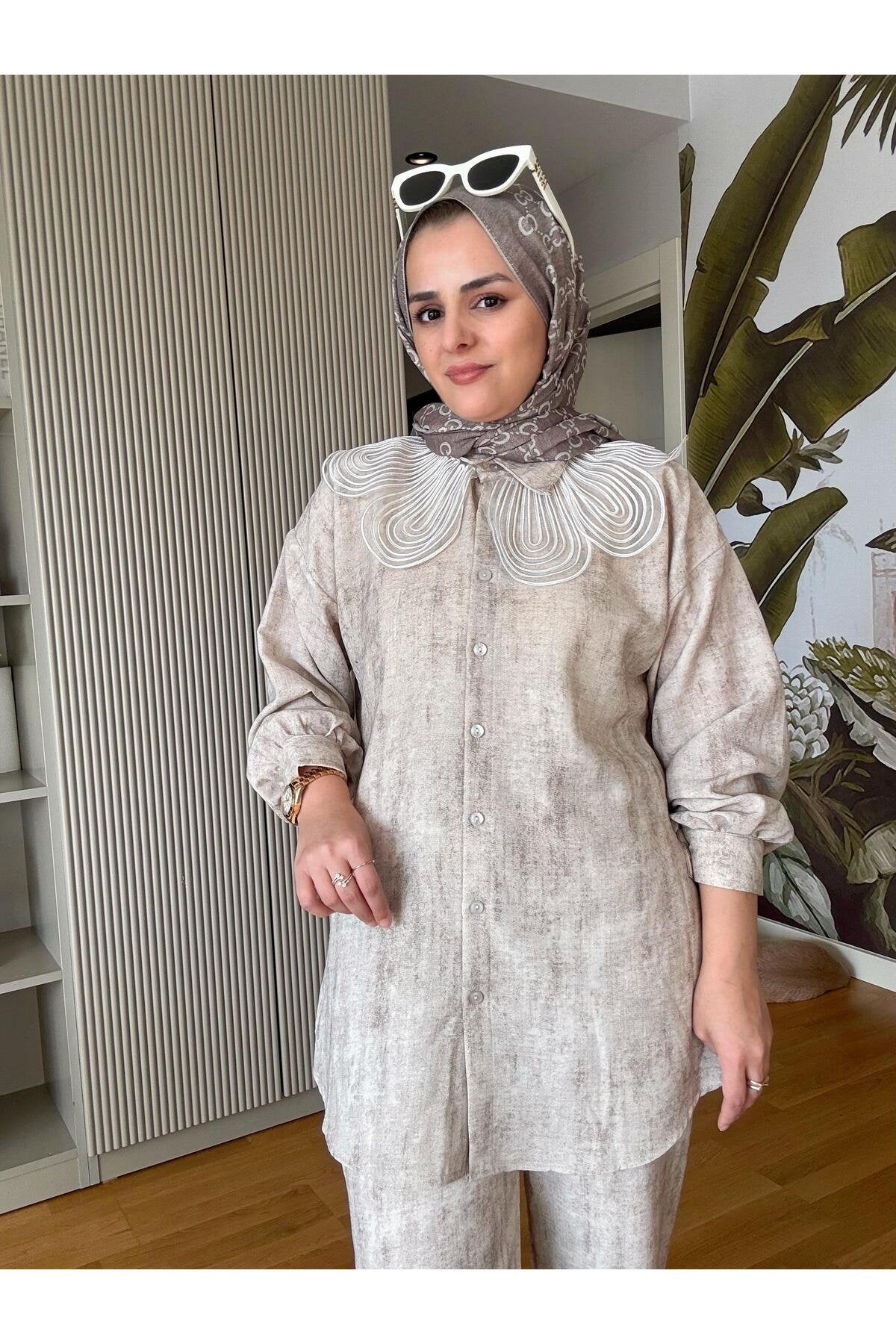 Keten Dantel Yaka Detaylı Gömlek Takım Siyah