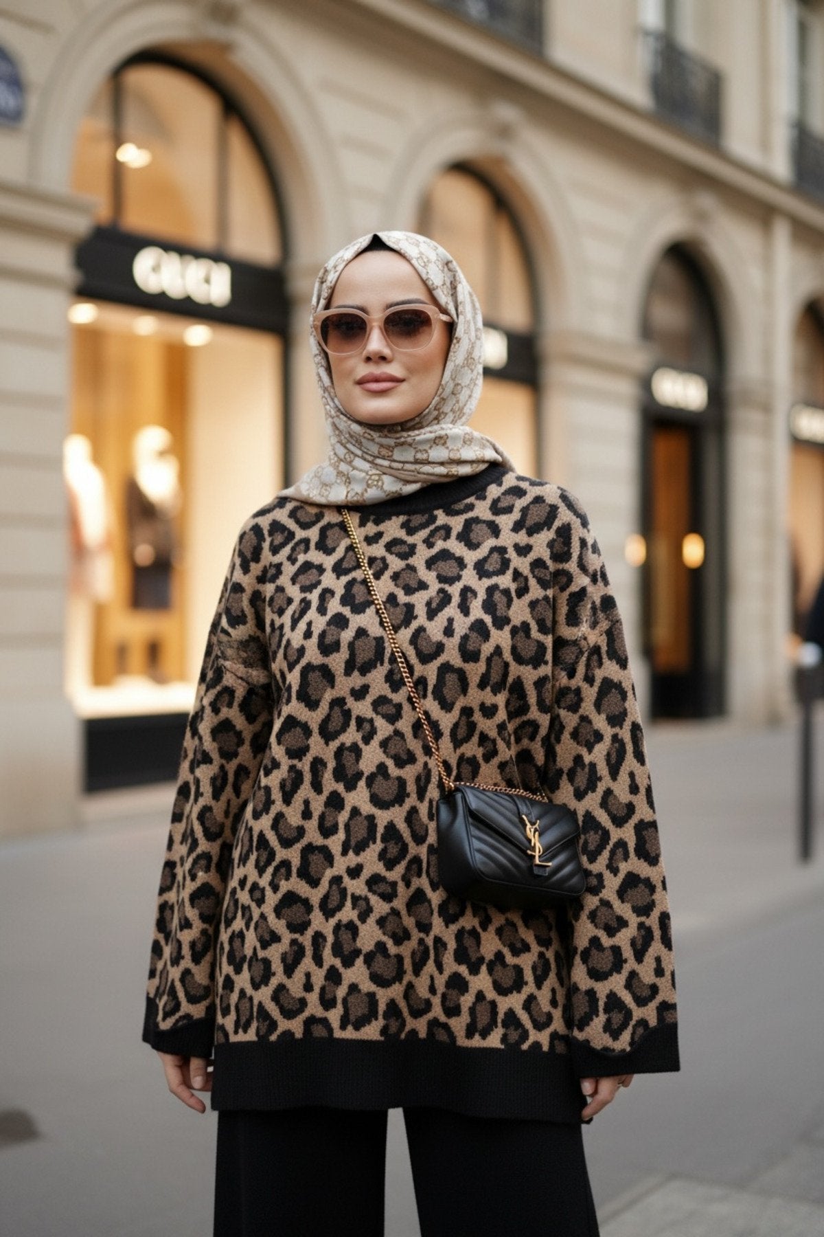 Leopar Desenli Triko Takım kahve