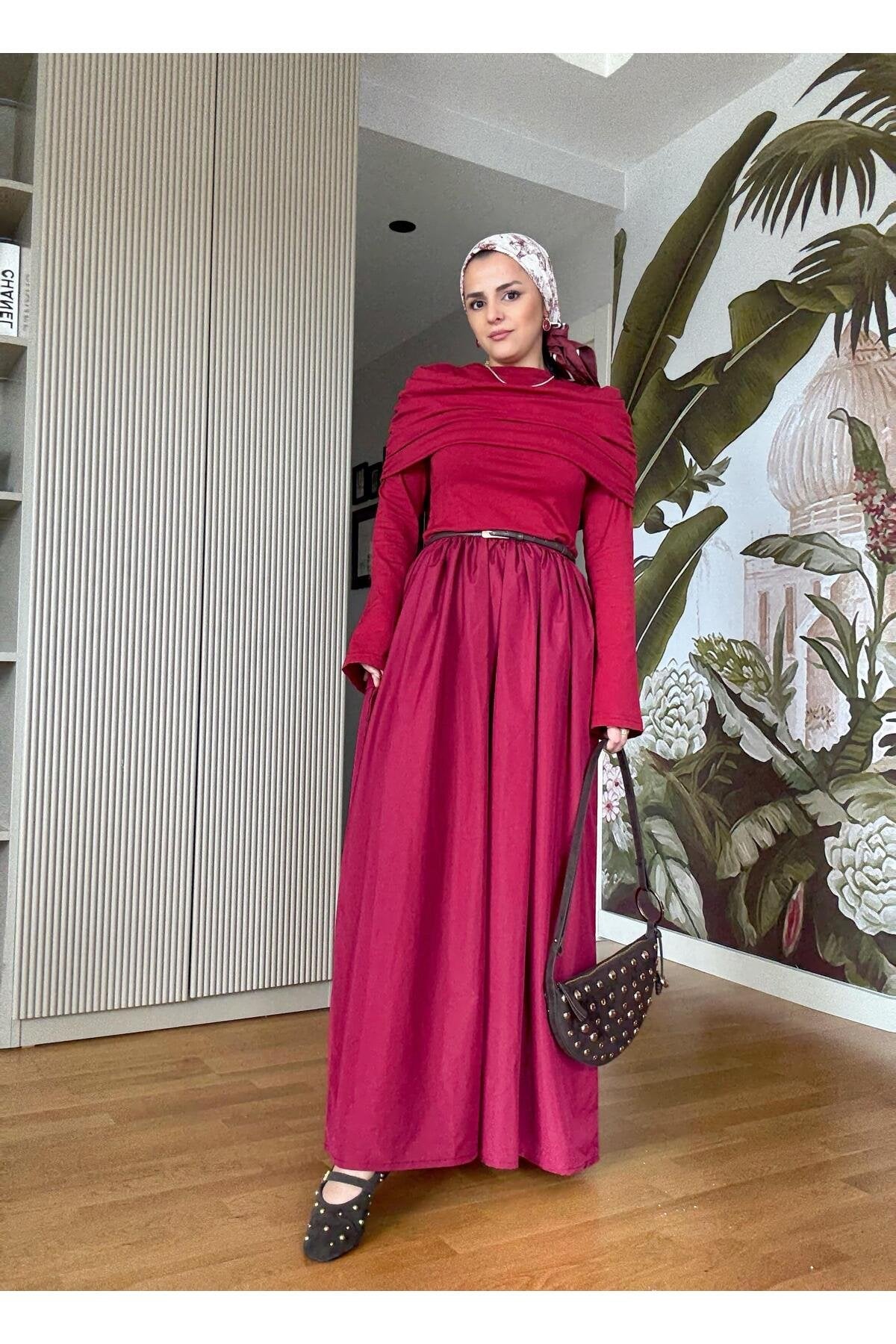 Kayık Yaka Pamuklu Roza Elbise Siyah