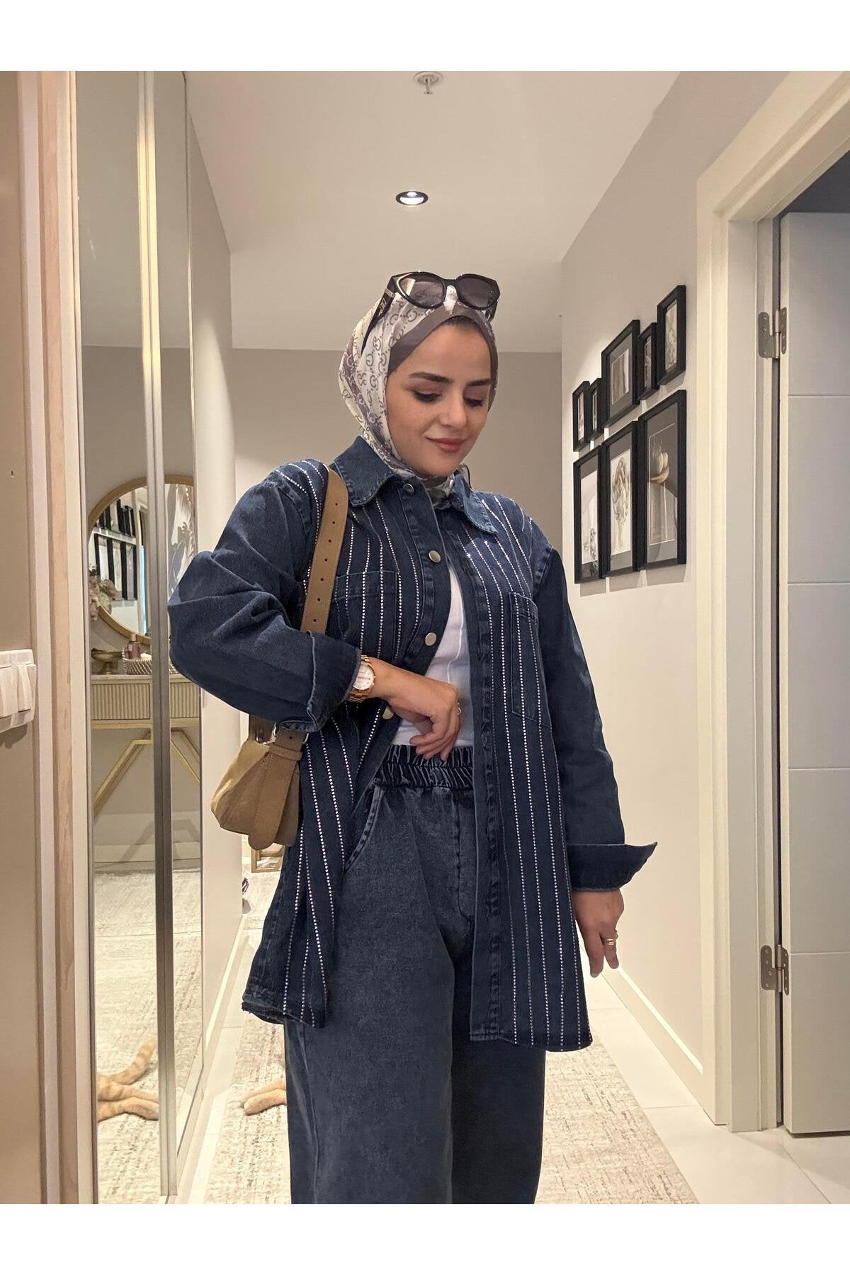 Taş Detaylı Denim Gömlek İkili Takım Koyu Mavi