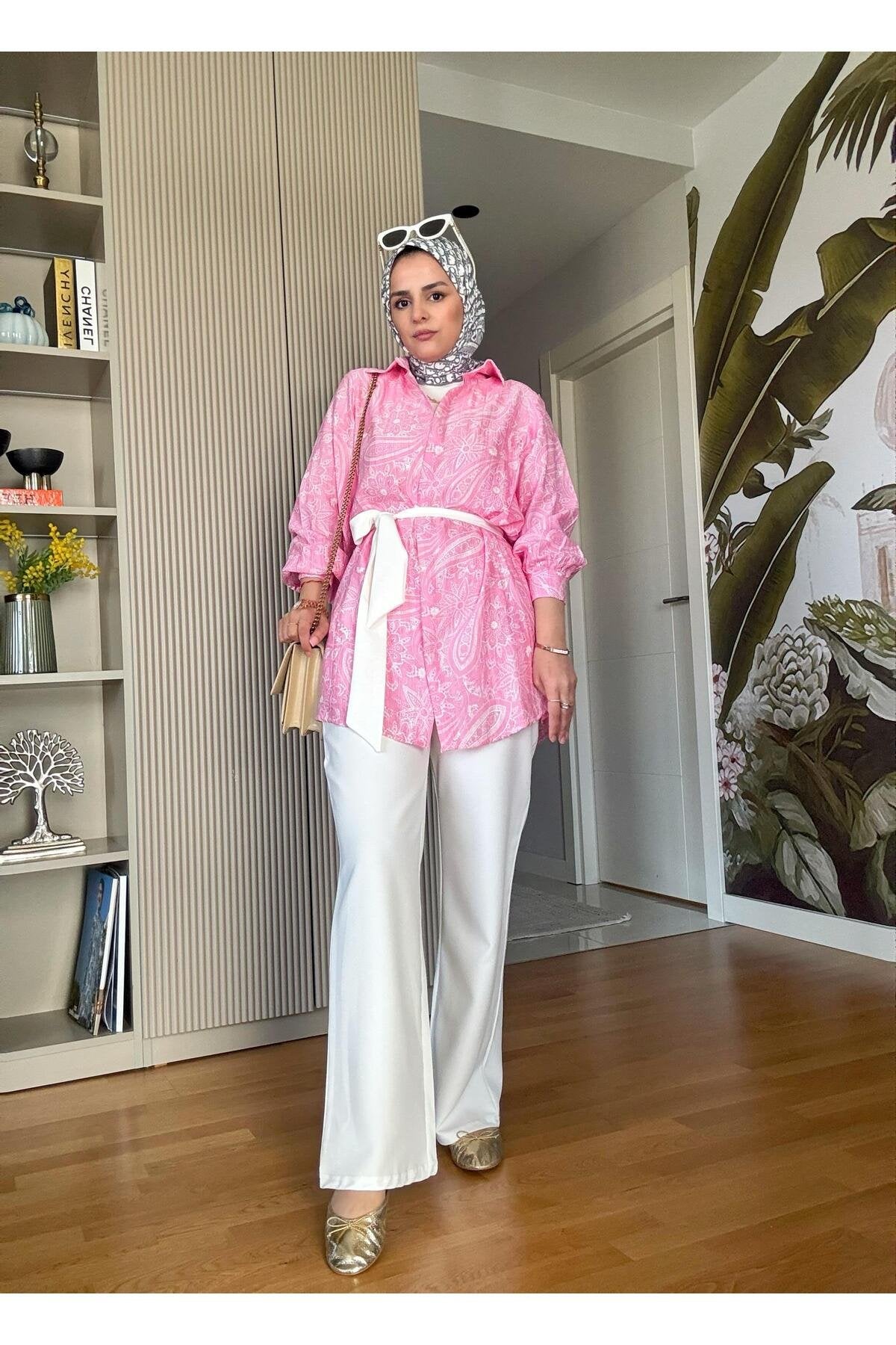 Bahar Pamuklu Gömlek Desenli Krep Pantolon Takım Vizon