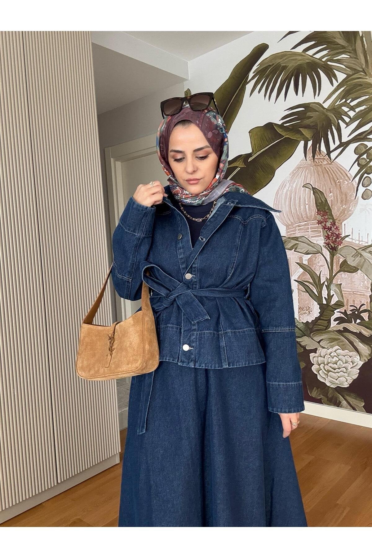 Denim Kuşaklı Çan Etek Takım Lacivert